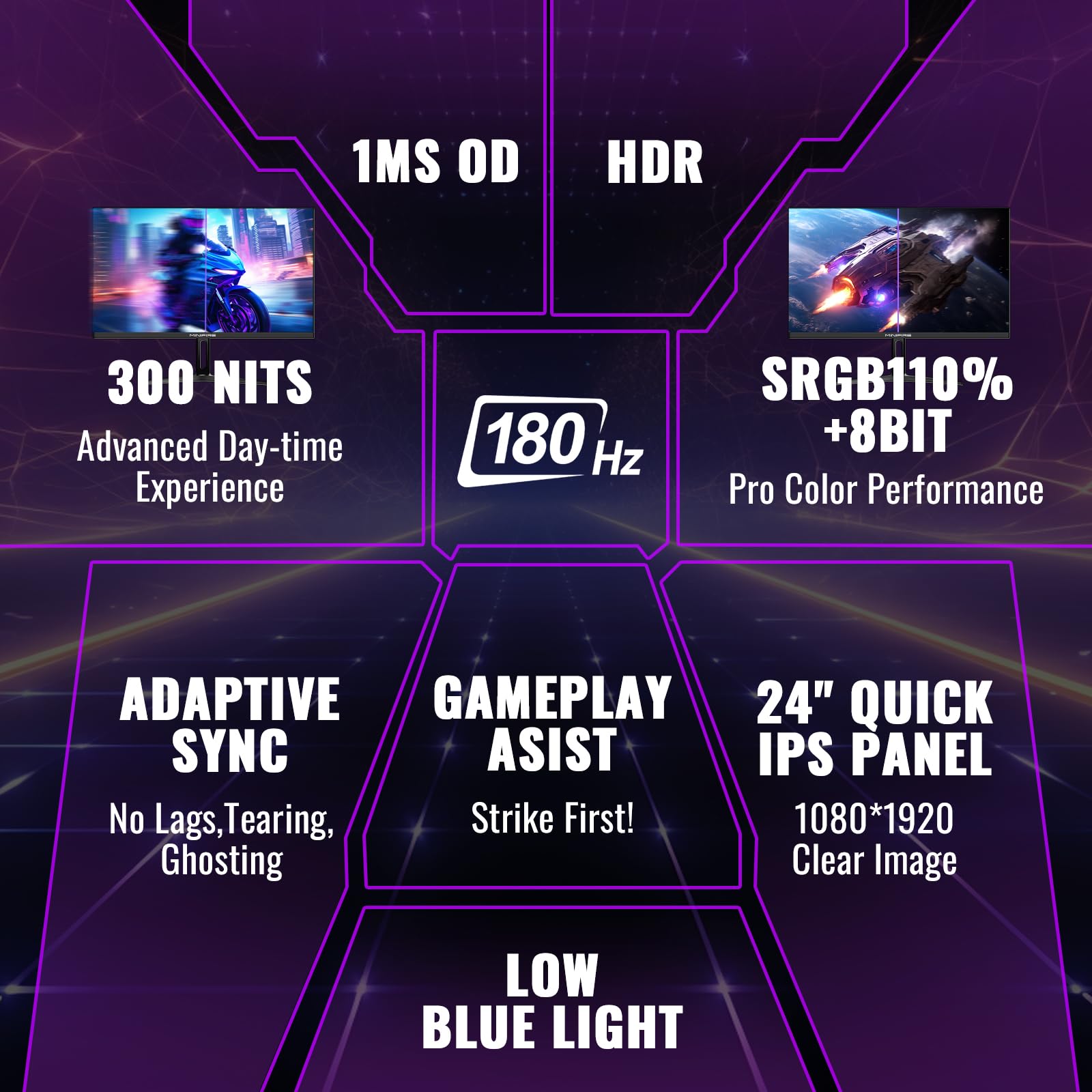 24 Inch Gaming Monitor - Minifire 180Hz 1ms IPS FHD Display with AdaptiveSync, 110% sRGB, Ultra-Thin Bezel, HDMI/DP Ports, Blue Light Shield - Perfect for Esports, PC Gaming & Home Office (Includes HDMI Cable)