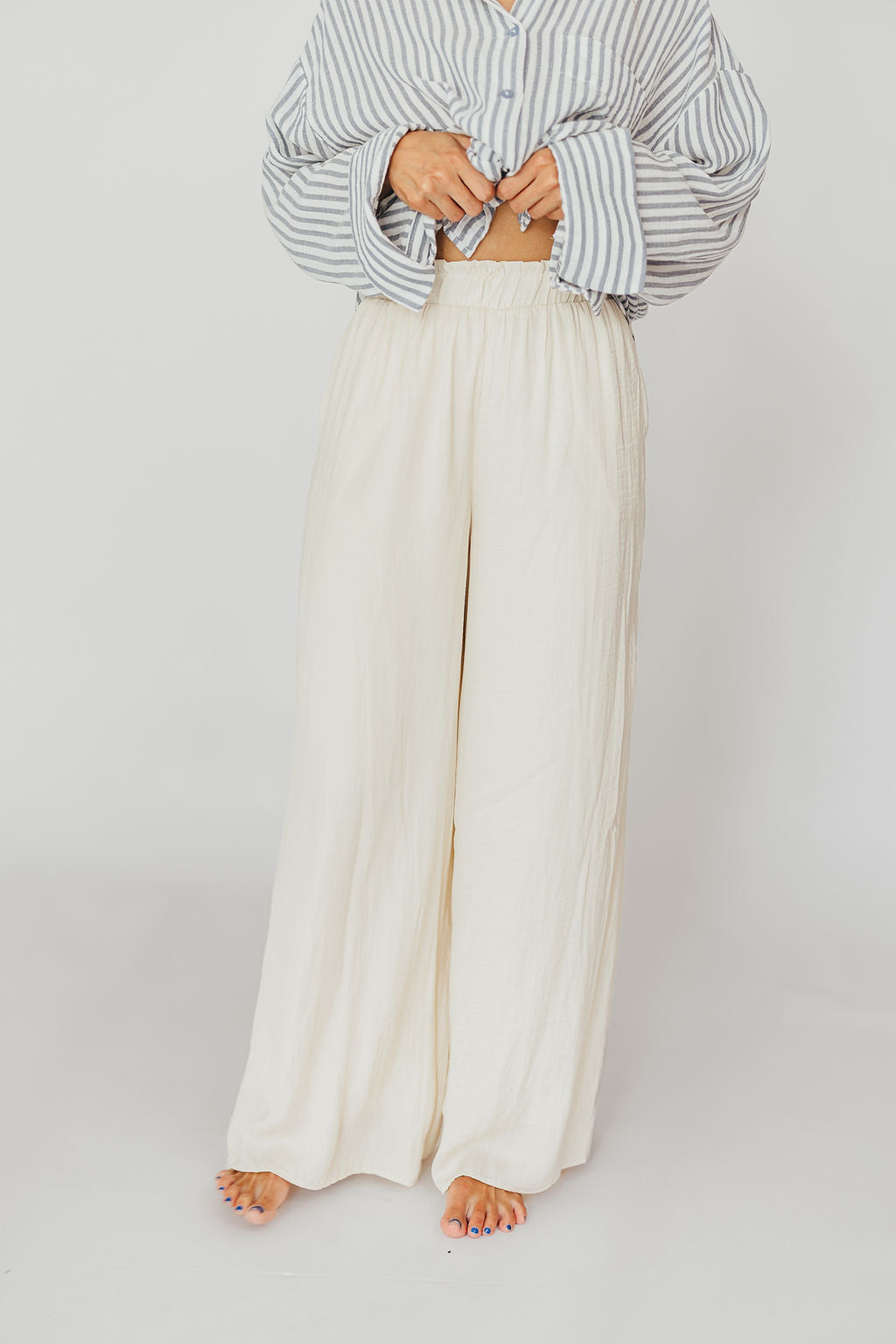 Zahara Women's High Waisted Wide Leg Pants - Soft Linen Blend Ivory Trousers for Work, Office & Casual Wear | Comfortable Elastic Waist Lounge Pants for Summer