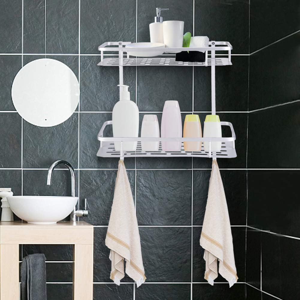 Jerliflyer Double Layer Aluminum Wall Mounted Bathroom Storage Shelf with 2 Hooks - Space Saving Organizer for Bathroom, Kitchen, Living Room - Perfect for Storing Towels, Toiletries & Kitchen Essentials