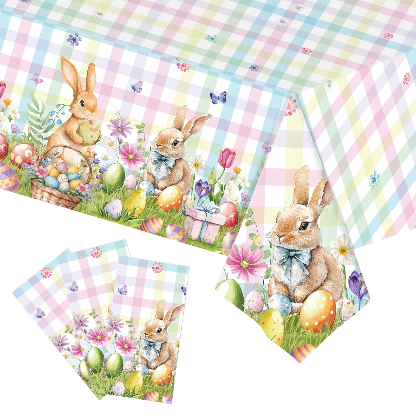 3PCS Easter Tablecloth Set - Disposable Waterproof Plastic Table Cover 54x108 Inch, Spring Bunny Buffalo Check Plaid Design for Easter Party, Birthday Celebration & Outdoor Picnic Decorations (Easter Table Decor)