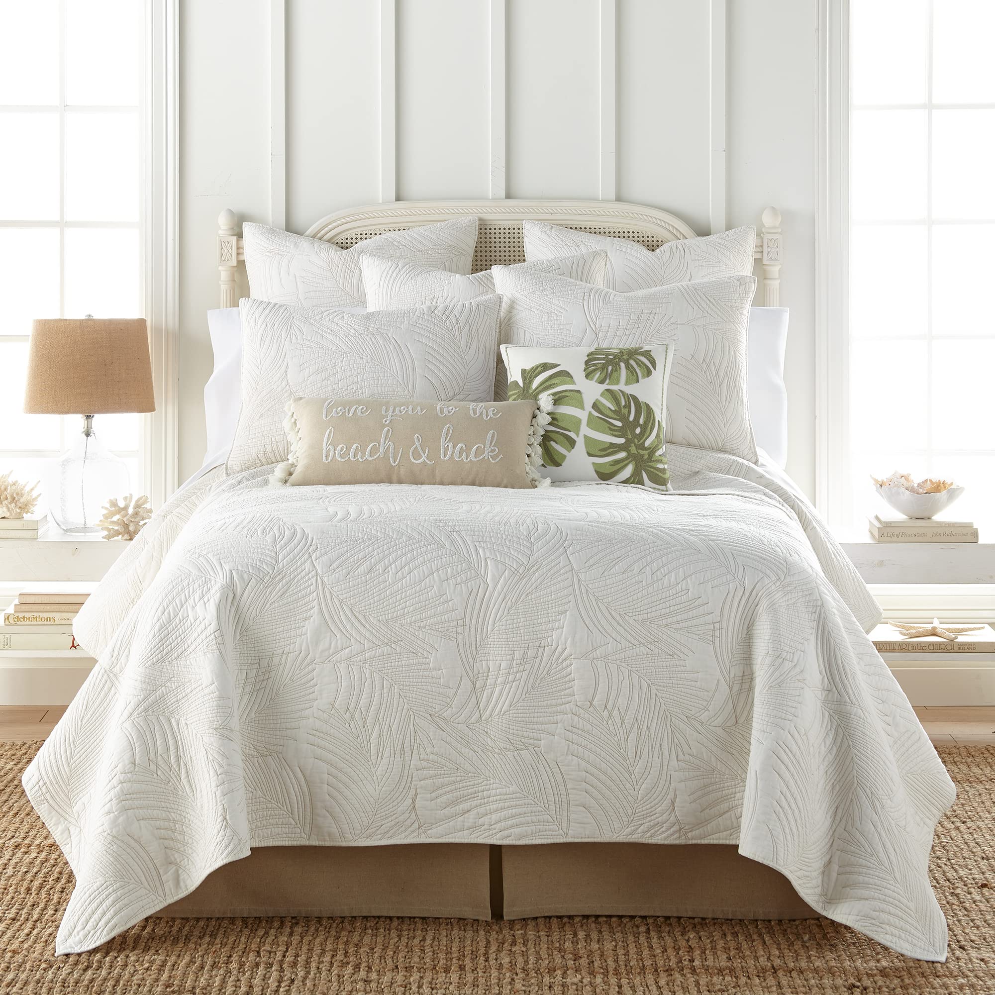 Levtex Home Palmira Full/Queen Quilt Set - Embroidered Tropical Palm Leaves Design - 88x92in Quilt + 2 Shams (20x26in) - 100% Cotton Reversible Bedding Set - Perfect for Beach House, Boho Bedroom & Summer Home Decor