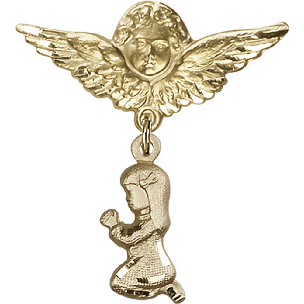 Gold Filled Baby Badge Pin with Praying Girl & Angel Wing Charm - 1 1/4 x 1 1/8 Inch - Perfect for Christening Gifts, Baby Showers & Keepsake Jewelry