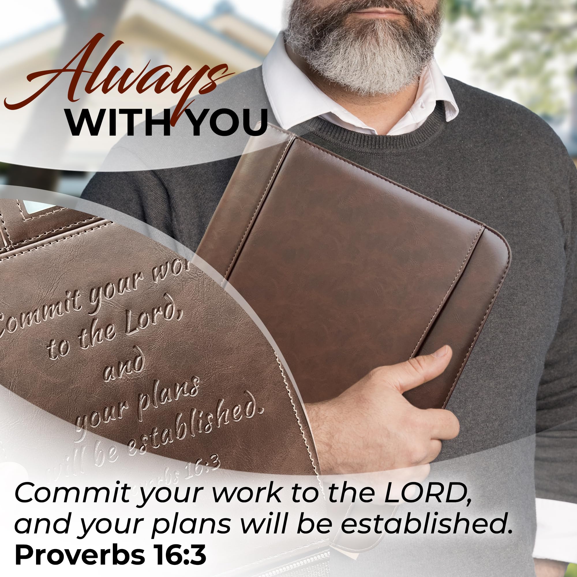 Premium DEHITE Leather Portfolio for Men & Women - Christian Religious Gifts, Zippered Bible Notebook Organizer with Laptop Pocket - Full Grain Brown Leather Padfolio - Perfect for Church, Bible Study, Business Meetings & Office Organization (Letter Size)