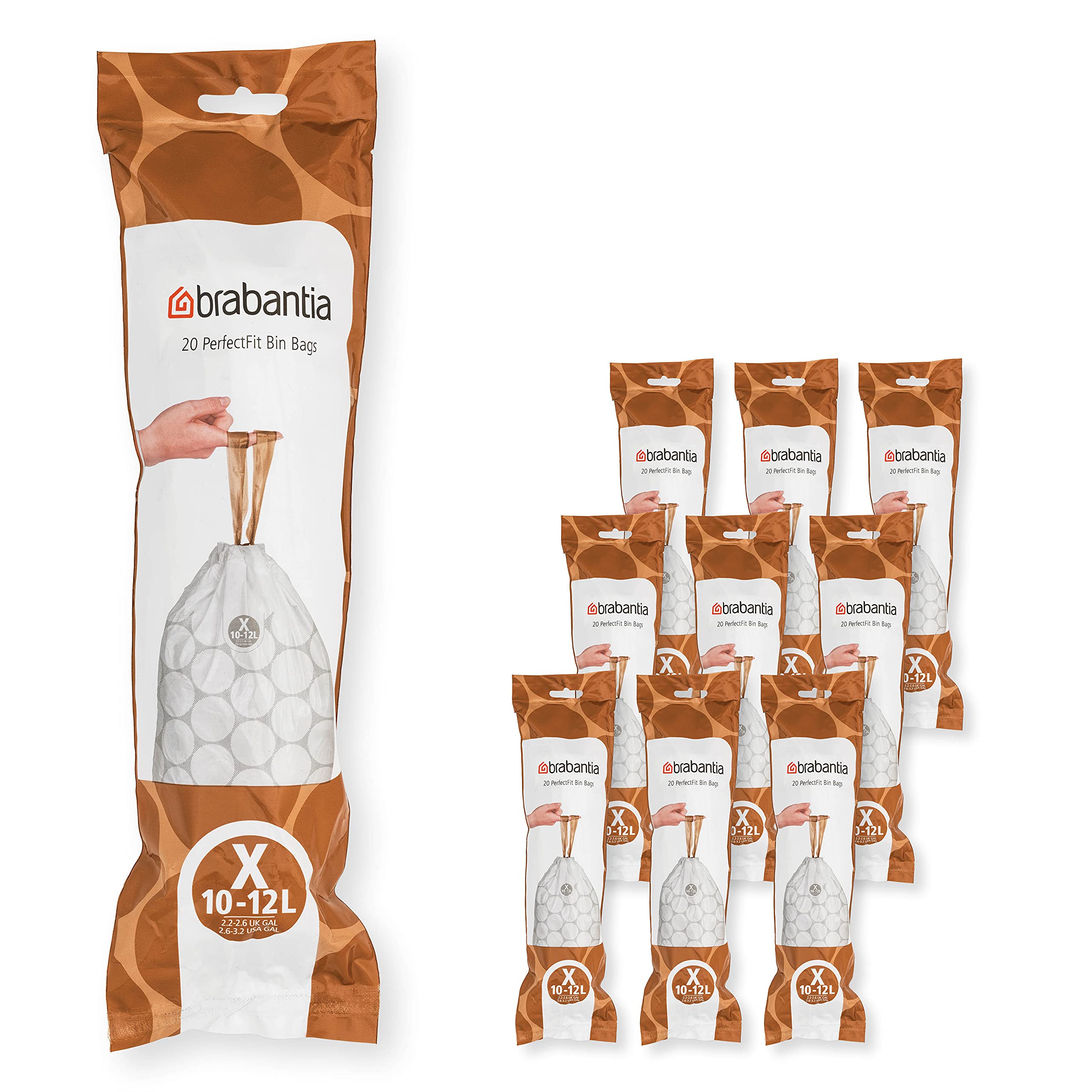 Brabantia PerfectFit Trash Bags - 200 Count Drawstring Kitchen Trash Can Liners (2.6-3.2 Gallon) - Thick Plastic Garbage Bags for Home, Office & Bathroom Waste Disposal