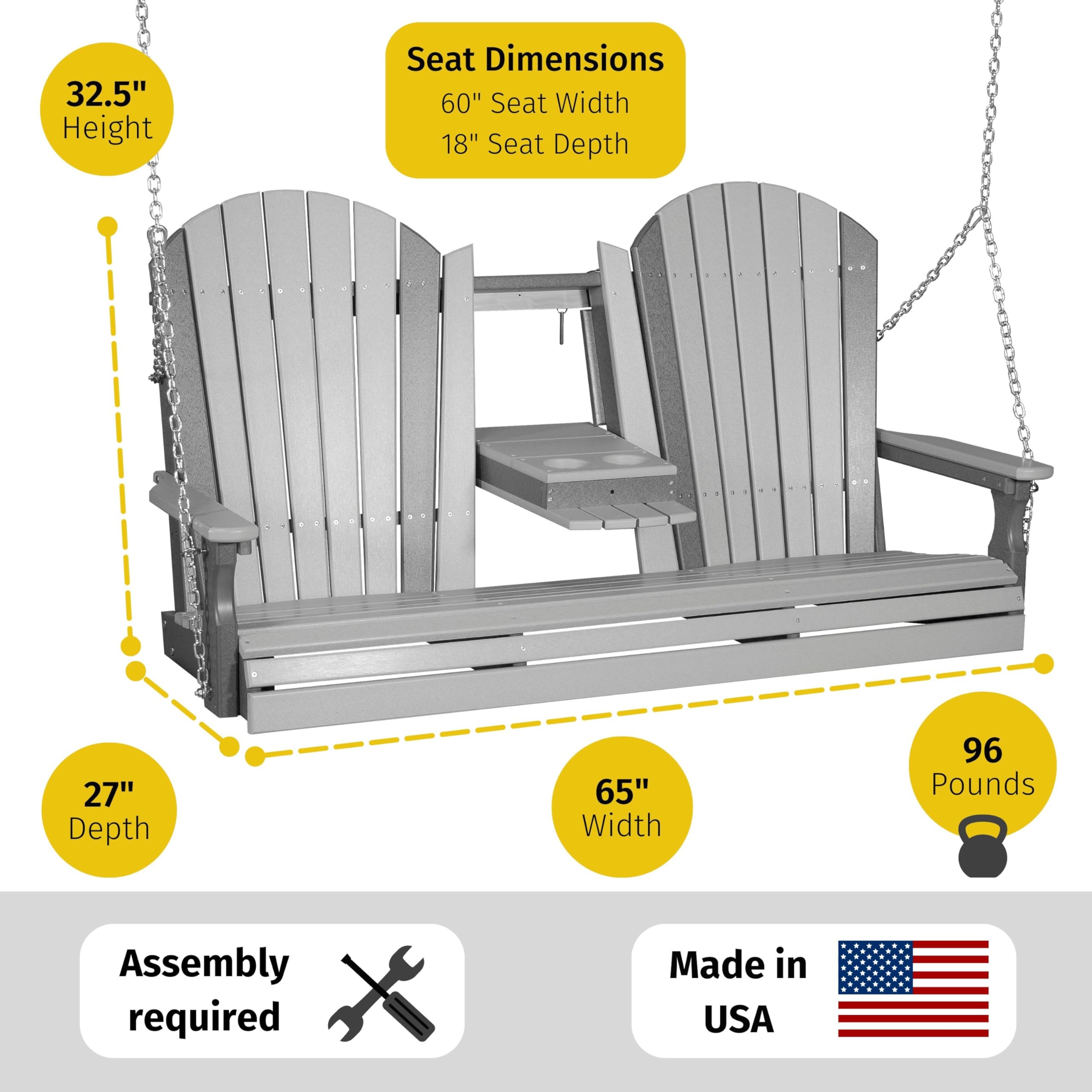 LuxCraft 5' Adirondack Hanging Porch Swing with Flip Down Console - Outdoor Patio Swing Chair, Front Porch Swing Bench in Antique Mahogany - Perfect for Backyard, Garden, and Deck Relaxation