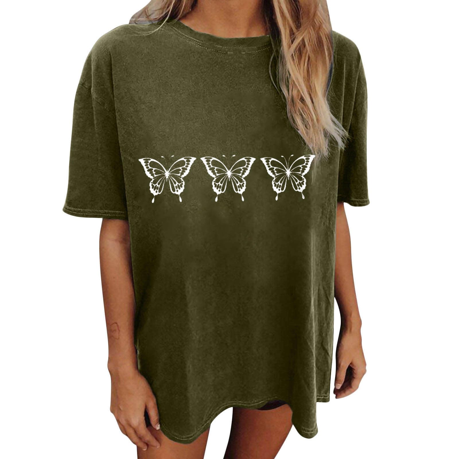 Women's Crew Neck Letter Printed T-Shirt - Drop Shoulder Short Sleeve Butterfly Graphic Tee - Elegant Summer Casual Top for Teen Girls | Perfect for Outings, Beach Days & Streetwear Fashion