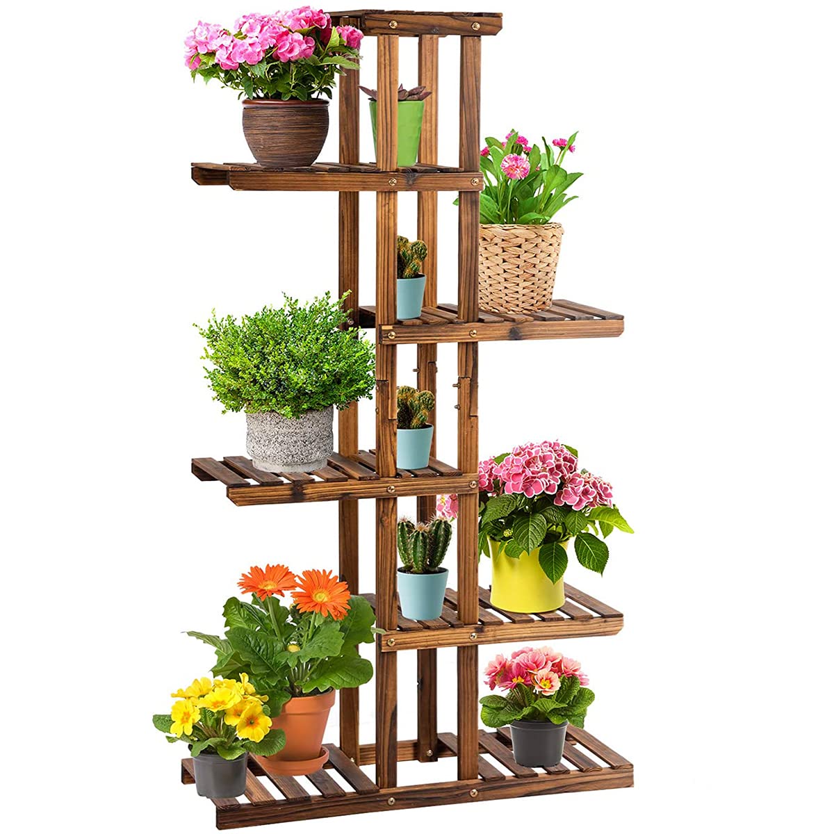 6-Tier Wooden Plant Stand - Indoor/Outdoor Multi-Layer Flower Pot Shelf for 7 Potted Plants | Perfect for Balcony, Garden, Living Room & Patio Decor
