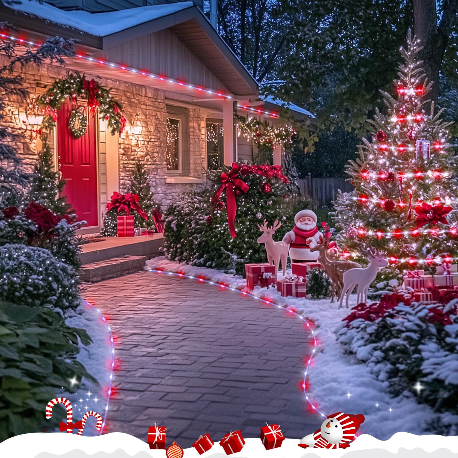 JMEXSUSS 200 LED Solar Christmas Rope Lights - 72ft Outdoor Waterproof String Lights with 8 Lighting Modes (Red & White) - Perfect for Fence, Yard, Walkway, Garden, Patio & Holiday Decorations