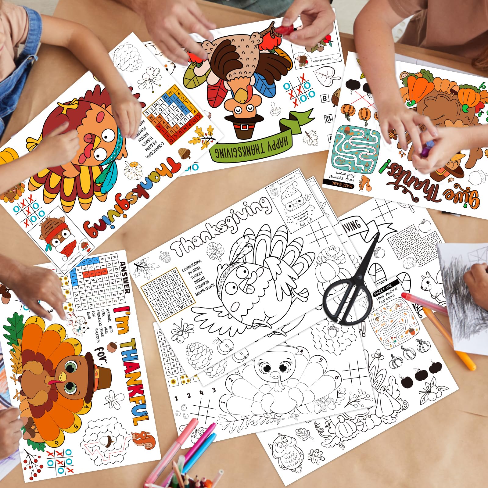 24 Pack Thanksgiving Coloring Paper Placemats - Turkey Themed DIY Craft Place Mats for Kids & Adults - Perfect for Holiday Dinners, Classroom Activities & Family Gatherings