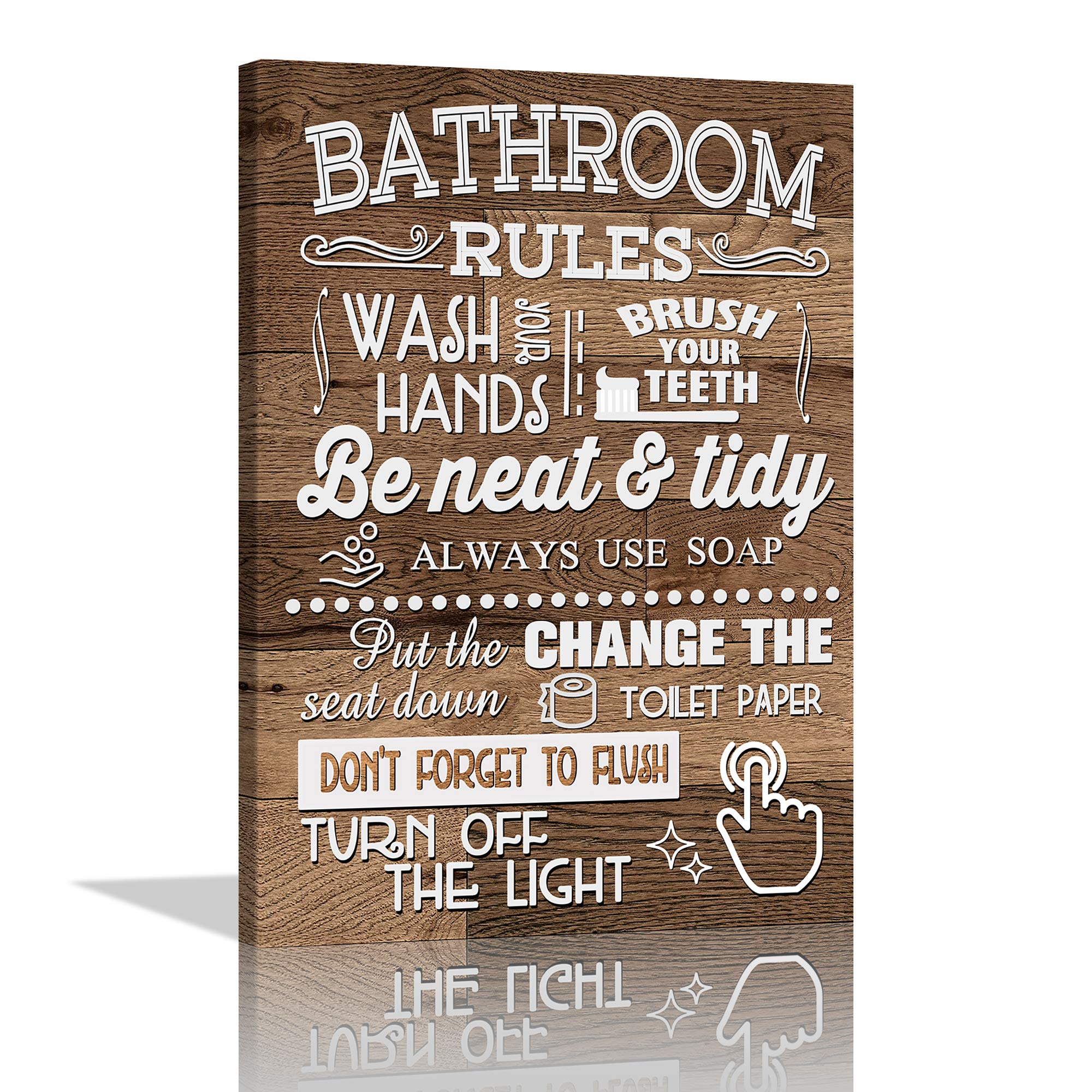 Funny Bathroom Rules Canvas Wall Art - Wood Grain Farmhouse Toilet Sign Poster, Laundry & Restroom Decor - Framed Ready to Hang Gift for Bathroom Wall - Perfect for Home, Office or Farmhouse Style Bathrooms