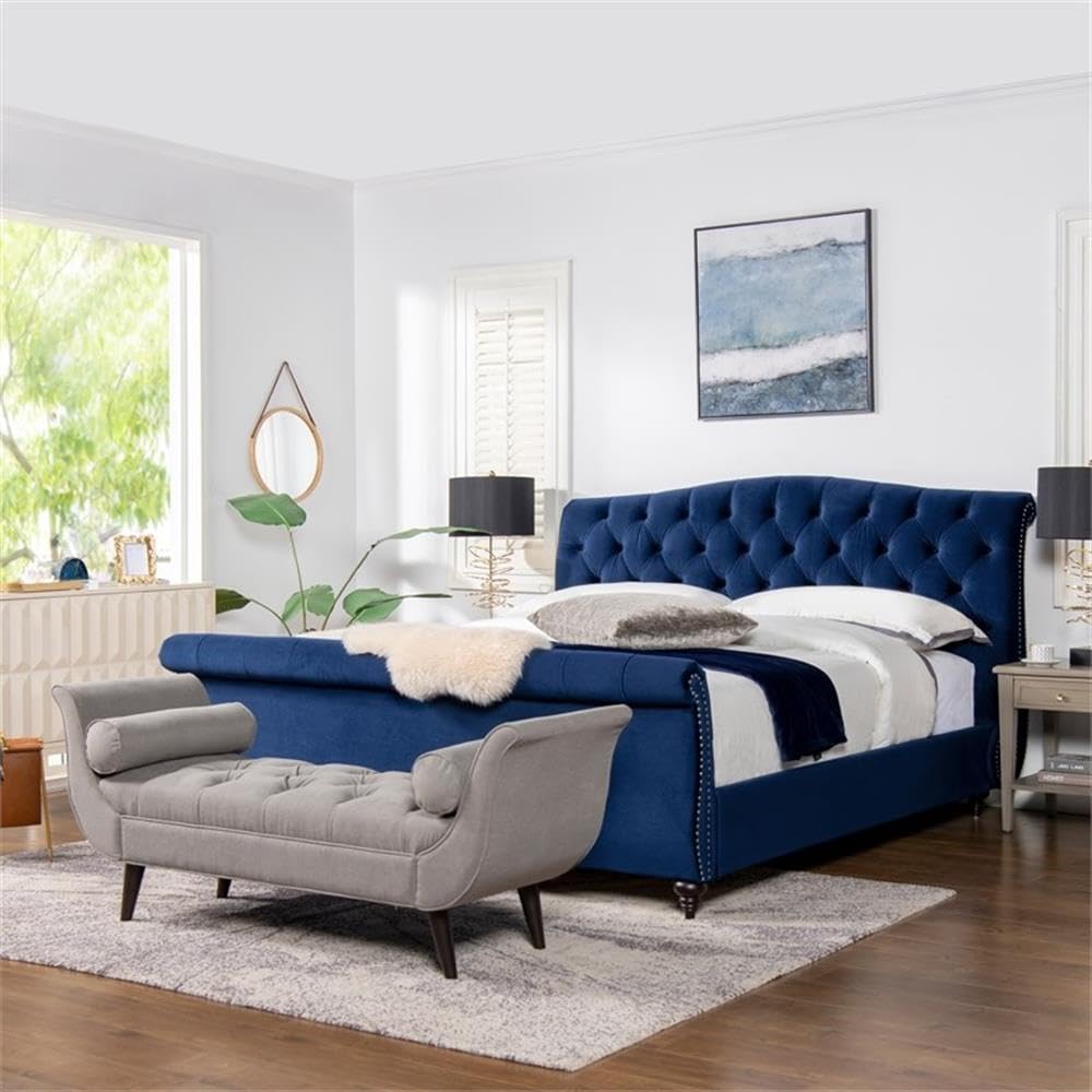 Jennifer Taylor Home Nautilus King Bed Frame with Headboard & Footboard - Navy Blue Velvet Upholstered - King Size (US Standard) - Luxurious Bedroom Centerpiece for Master Suites & Guest Rooms