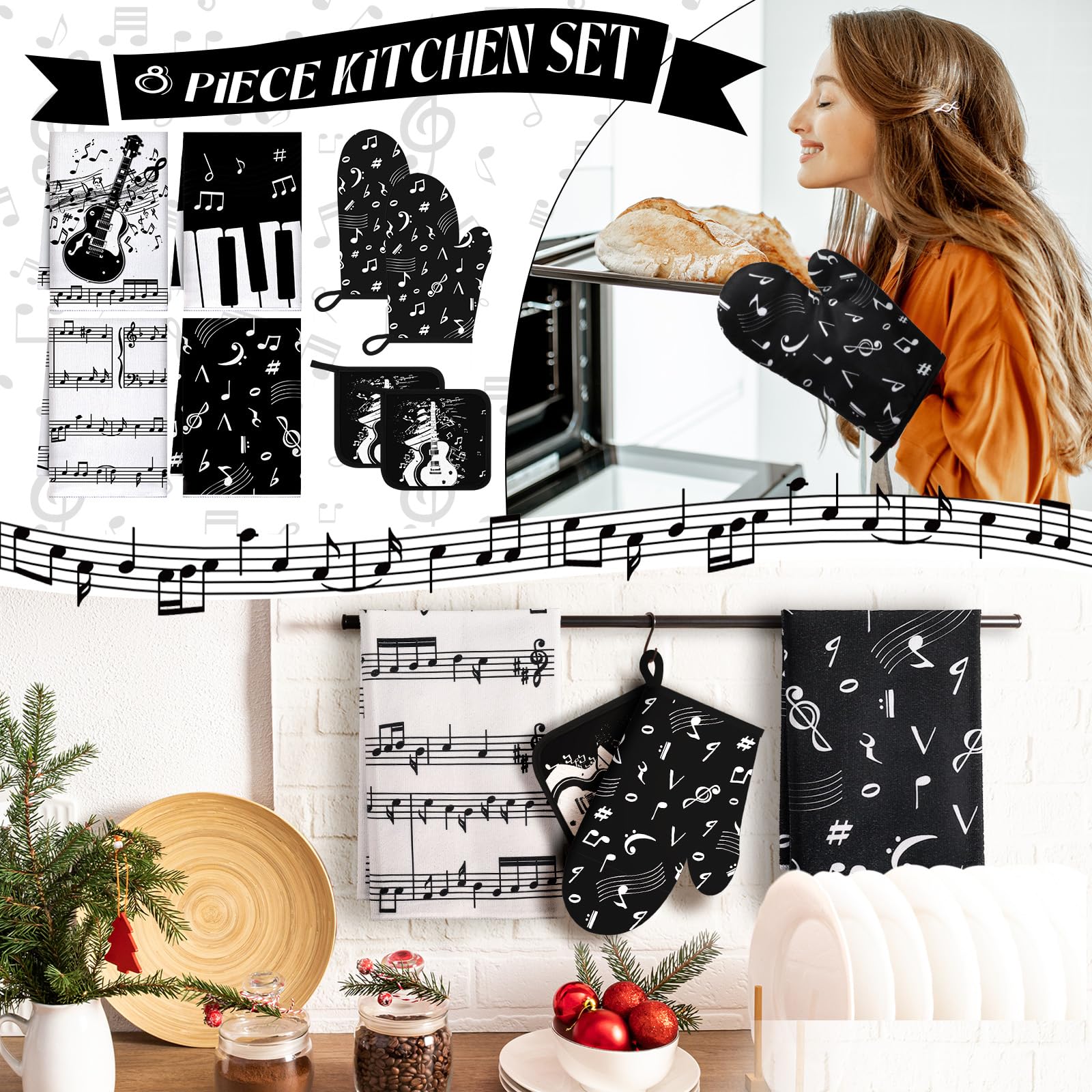 **Leinuosen 8-Piece Kitchen Towel Set - Absorbent Dishcloths, Heat-Resistant Oven Mitts & Pot Holders for Cooking, Baking & Chef Use - Black, White & Music Note Design - Perfect for Home, Restaurant & BBQ**