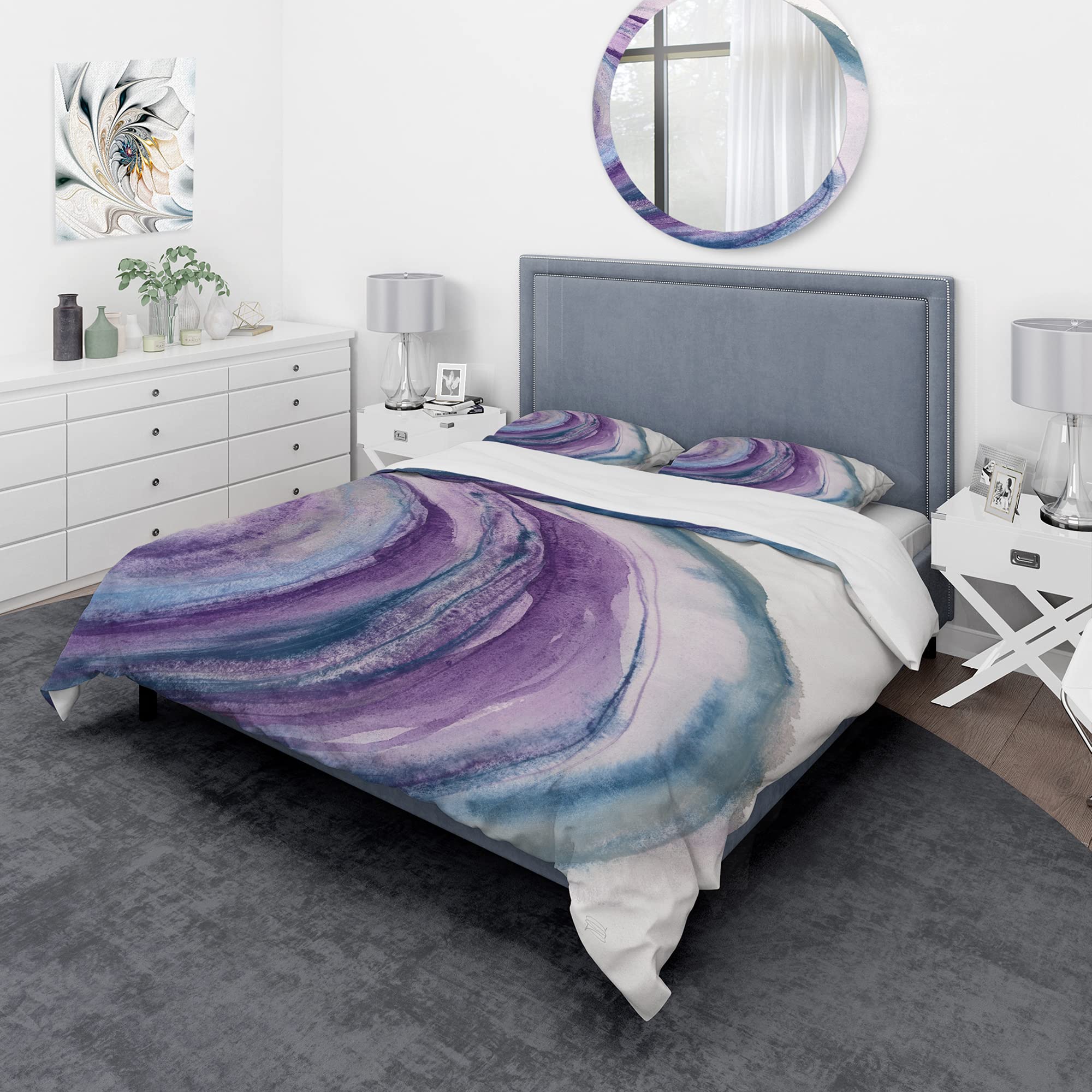 Watercolor Geode Farmhouse Duvet Cover Set - King Size Purple Abstract Bedding (3-Piece) | All Season Comforter Cover for Master Bedroom & Guest Room Decor