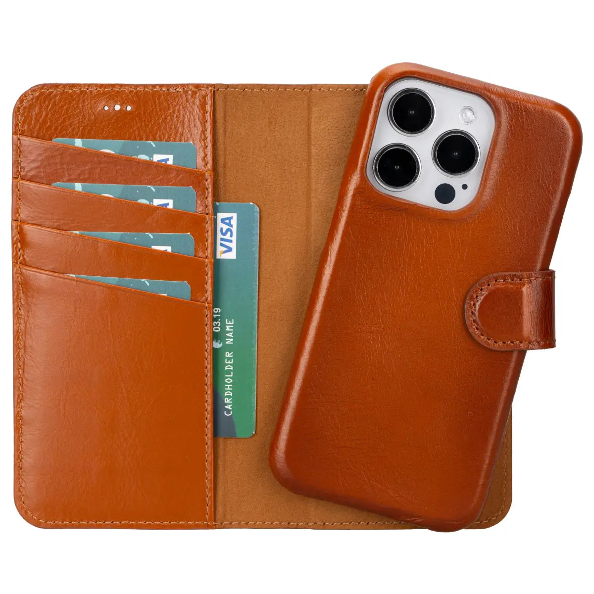 Premium Burnished Tan Leather iPhone 15 Pro Wallet Case - Slim Protective Cover with Card Slots | Perfect for Business Professionals & Everyday Use