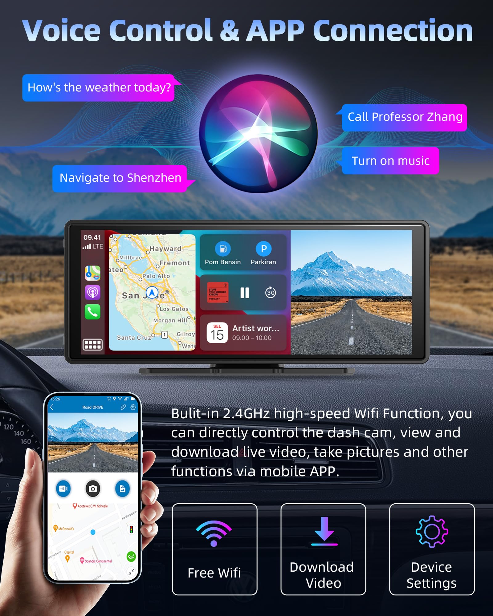 10.26 Inch Apple CarPlay Android Auto Touchscreen Display with Adjustable 2.5K Dashcam, Wireless Driveplay, Rearview Camera, Bluetooth, Mirror Link & 64GB TF Card - Perfect for Car Entertainment and Safe Driving