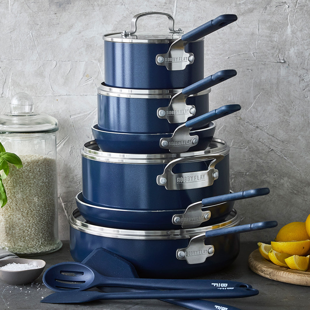 Bobby Flay by GreenPan Professional Ceramic Nonstick 13-Piece Cookware Set - Oxford Blue | Durable & Eco-Friendly Non-Stick Pots & Pans for Home Cooking, Baking & Entertaining