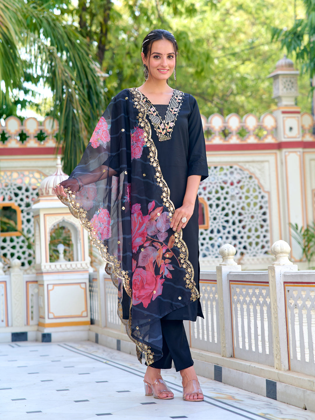 Elegant Black Designer Printed Pant Suit with Exquisite Embroidery - Perfect for Weddings, Parties & Formal Events