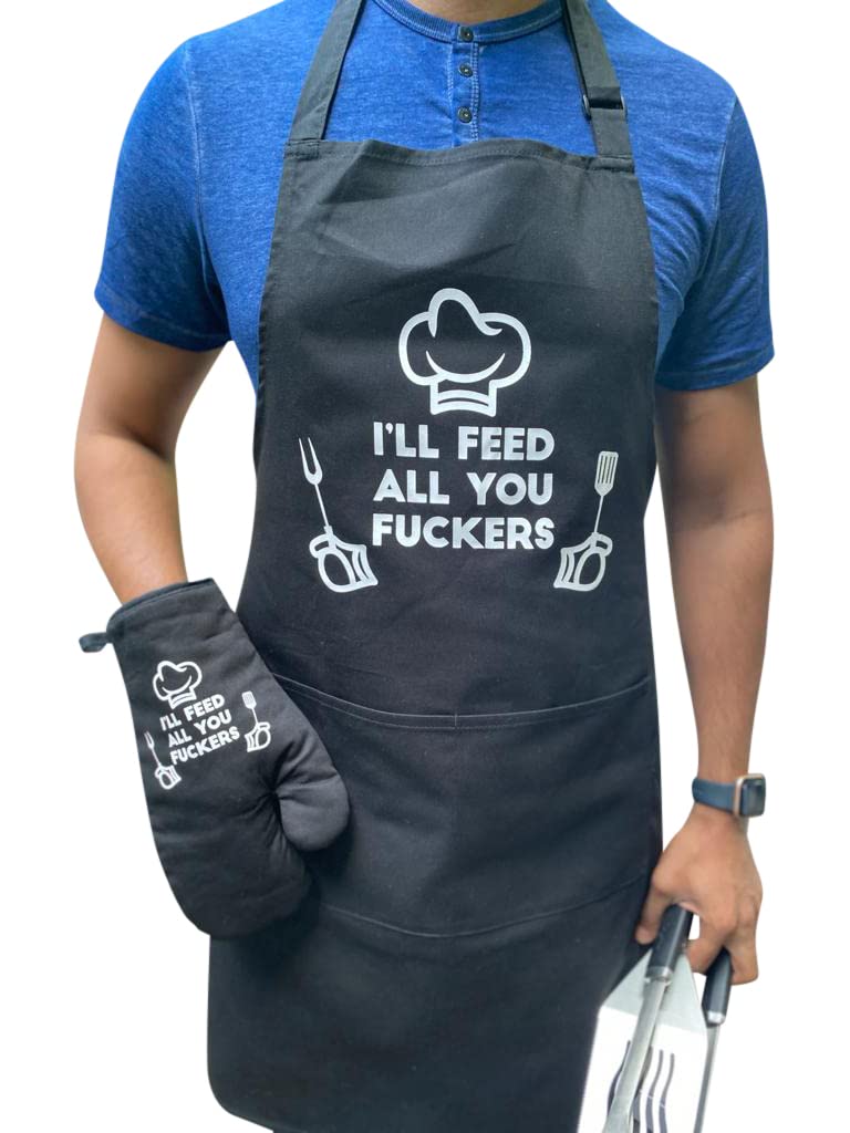 Funny Kitchen Apron with Oven Mitt Set - Premium Cotton Adjustable Apron for Men & Women with 2 Large Pockets - Perfect Dad Gifts & Cooking Accessories for BBQ, Baking, and Grilling
