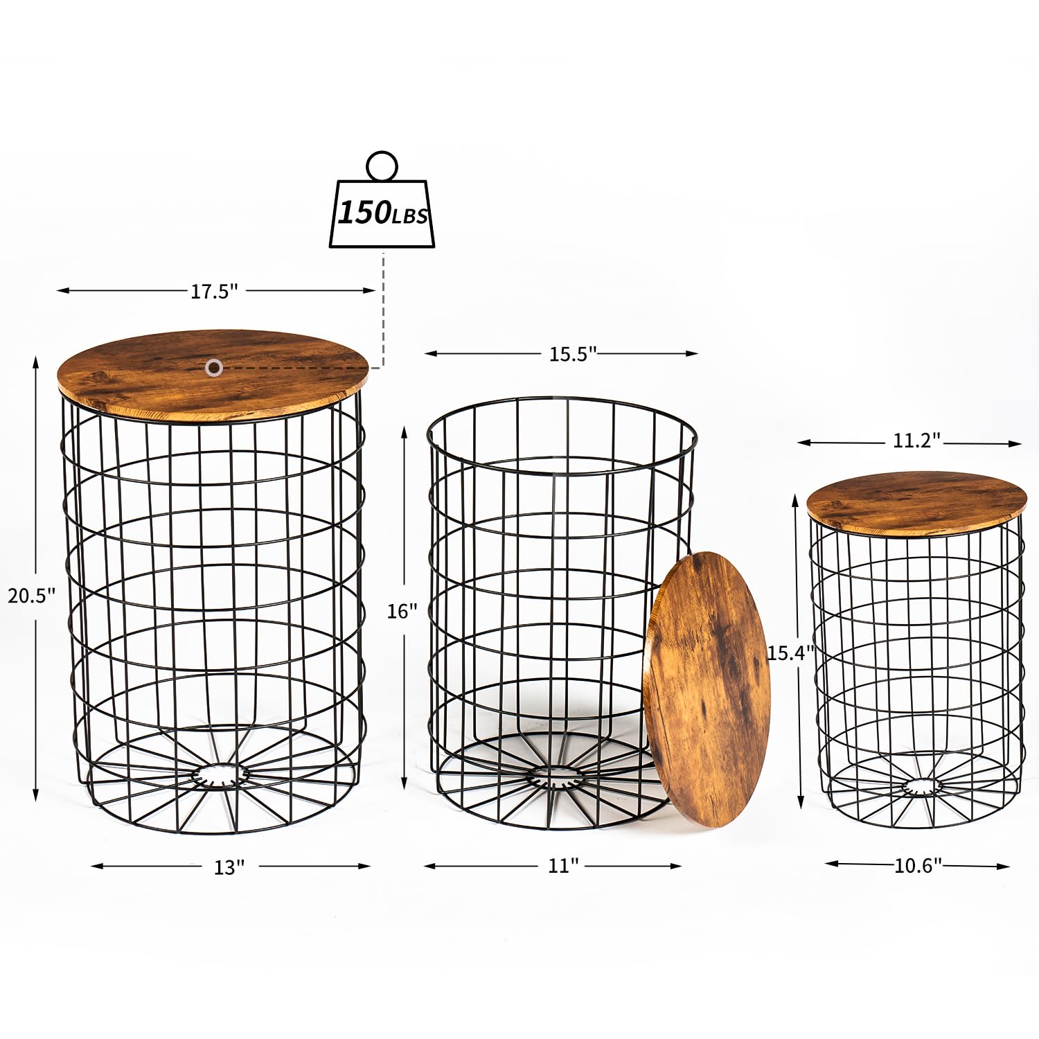Oneinmil 3-Piece Nesting End Table Set with Storage - Round Side Tables with Removable Lids, Wire Basket Design & Steel Frame - Perfect for Living Room, Bedroom, Office - Rustic Home Decor for Small Spaces & Apartment Living