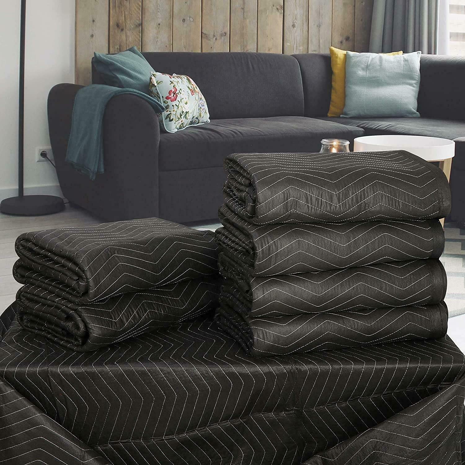12 Pack Heavy Duty Moving Blankets 80x72 Inches - 55 lb/dz Quilted Furniture Pads for Shipping & Storage (Black) | Protect Floors, Furniture & Appliances During Moves & Home Renovations