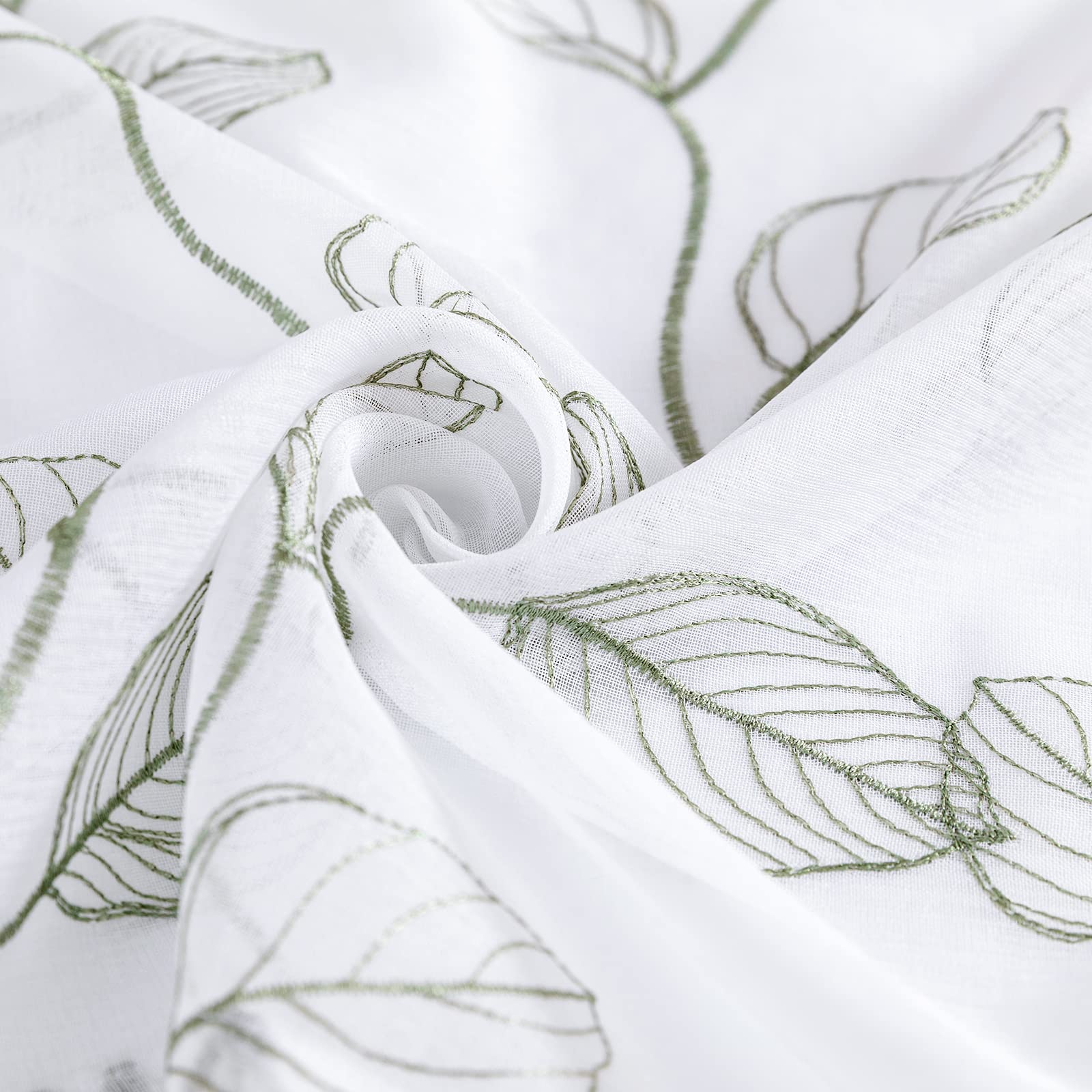 White Sage Green Leaf Embroidered Semi-Sheer Cafe Curtains - 45 Inch Rod Pocket, 2 Panels for RV, Camper & Half Windows | Boho Kitchen, Living Room & Bedroom Decor