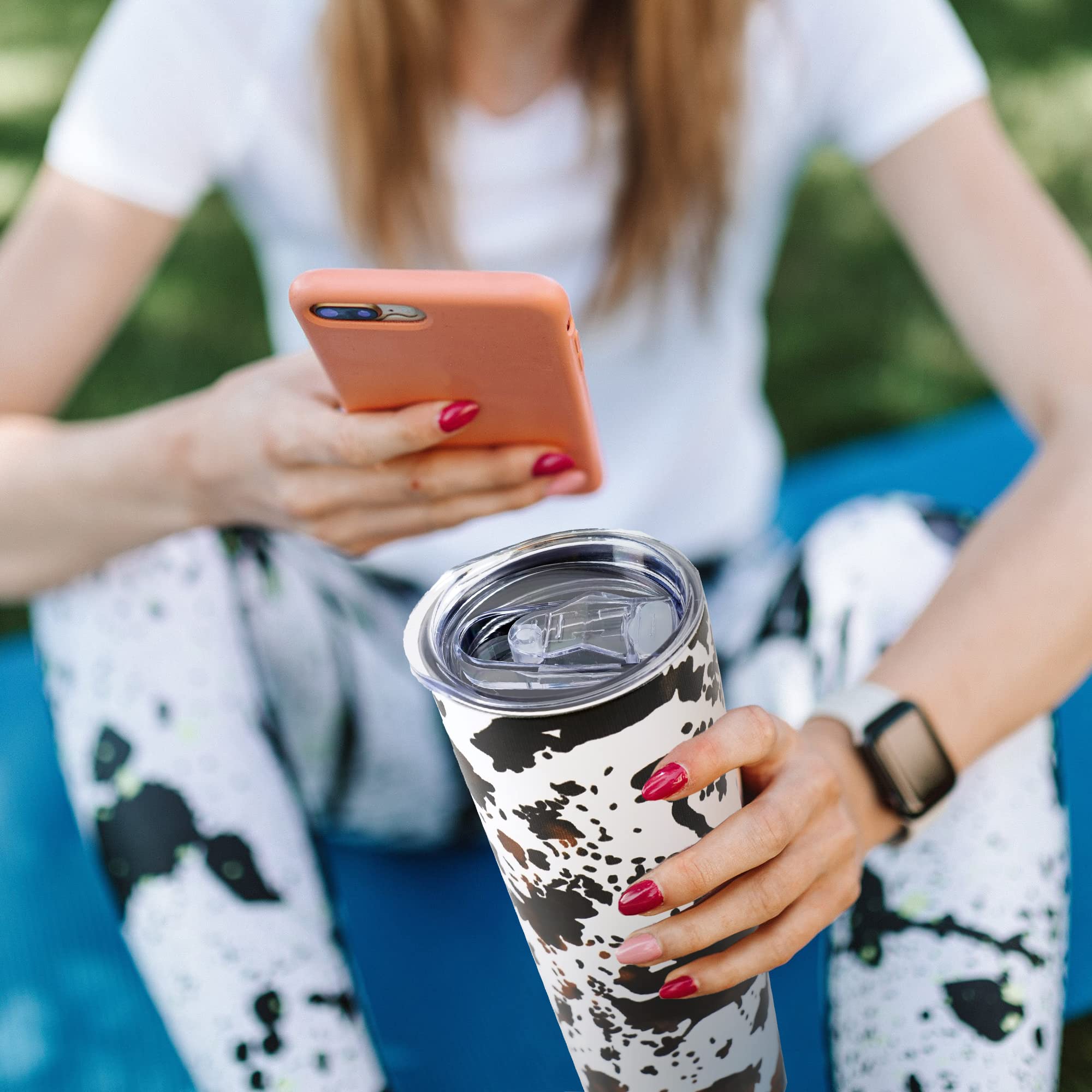 **20oz Cow Print Skinny Tumbler with Lid & Straw - Insulated Stainless Steel Travel Mug - Double Wall Coffee Cup - Perfect for Office, Gym, Travel - Great Birthday Gift for Women, Mom, Sister & Friends**