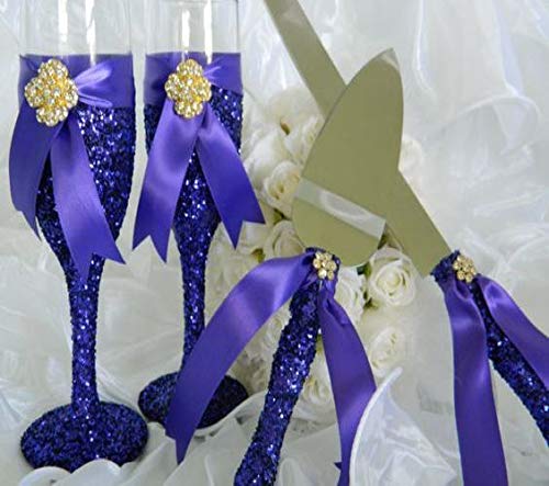 Elegant Wedding Champagne Flutes Set - 2 Crystal Champagne Glasses & 2 Silver Cake Knives (4-Piece) - Perfect for Wedding Toasts, Bridal Showers, Anniversary Gifts & Purple Themed Weddings - Great for Romantic Celebrations, Vow Renewals & Special Occasions