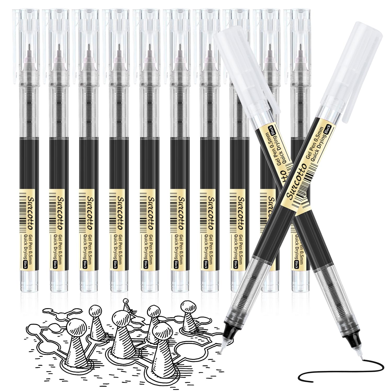Surcotto 12-Pack 0.5mm Black Gel Pens - Ultra Fast Drying Smooth Writing Pens for School, Office & Art - Perfect for Note Taking, Journaling, Sketching & Document Signing