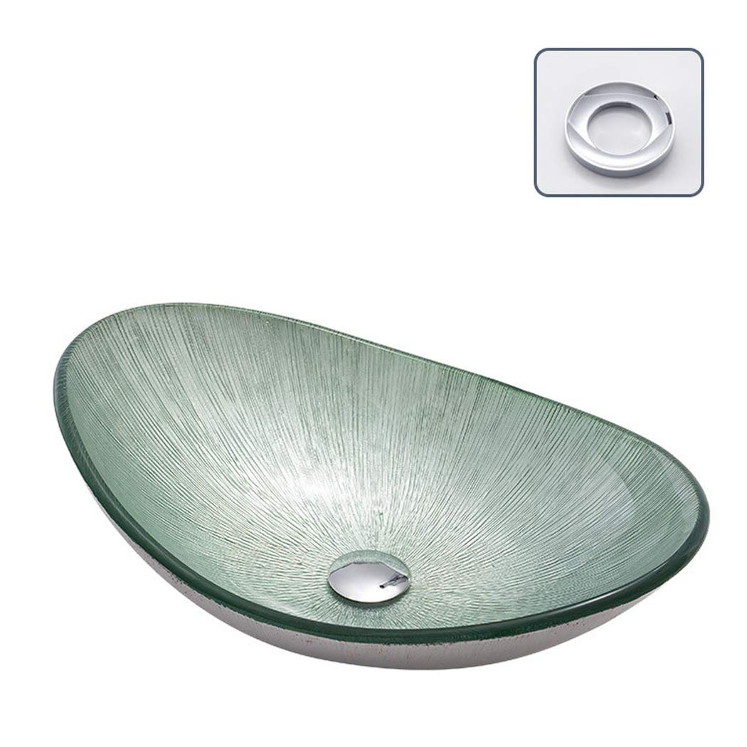 Modern Silver Tempered Glass Vessel Sink - Boat Style Bathroom Vanity Sink with Pop-up Drain & Mounting Ring - Above Counter Utility Sink for Contemporary Bathrooms & Powder Rooms