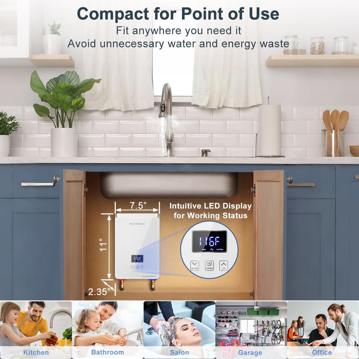ECOTOUCH 6.5kW 240V Tankless Electric Water Heater - Instant On-Demand Hot Water with Self-Modulating Technology - Under Sink Installation - White (ECO65W) - Perfect for Small Homes, Apartments, RVs & Office Break Rooms