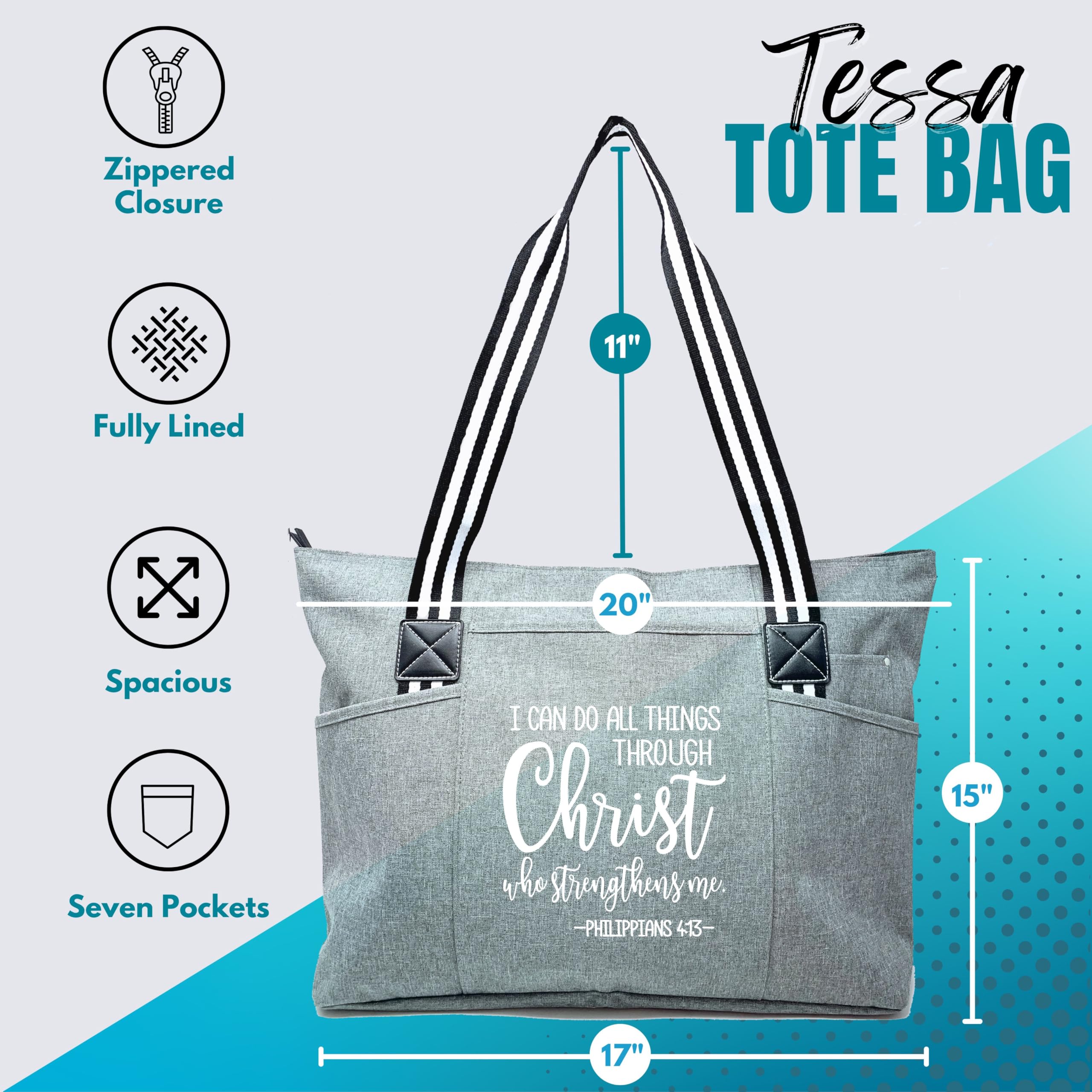 Brooke & Jess Designs Large Zippered Inspirational Tote Bags for Women - Christian Gift Ideas - Perfect for Church, Bible Study & Daily Use