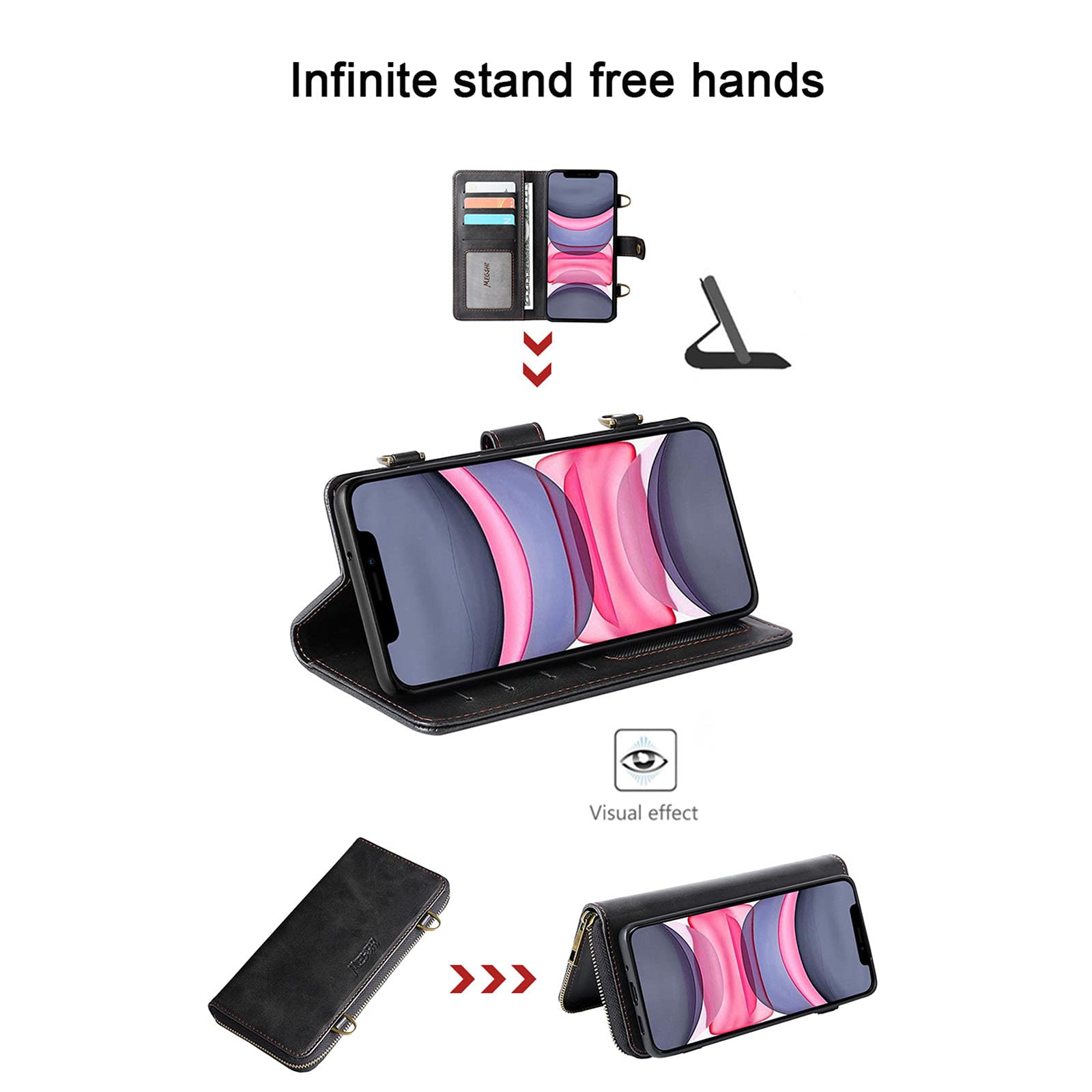 Multi-Function Wallet Phone Case for iPhone 12 with Crossbody Chain Strap - 13 Card Slots, 3 Cash Pockets & Zippered Wallet | Perfect for Travel, Shopping & Everyday Use