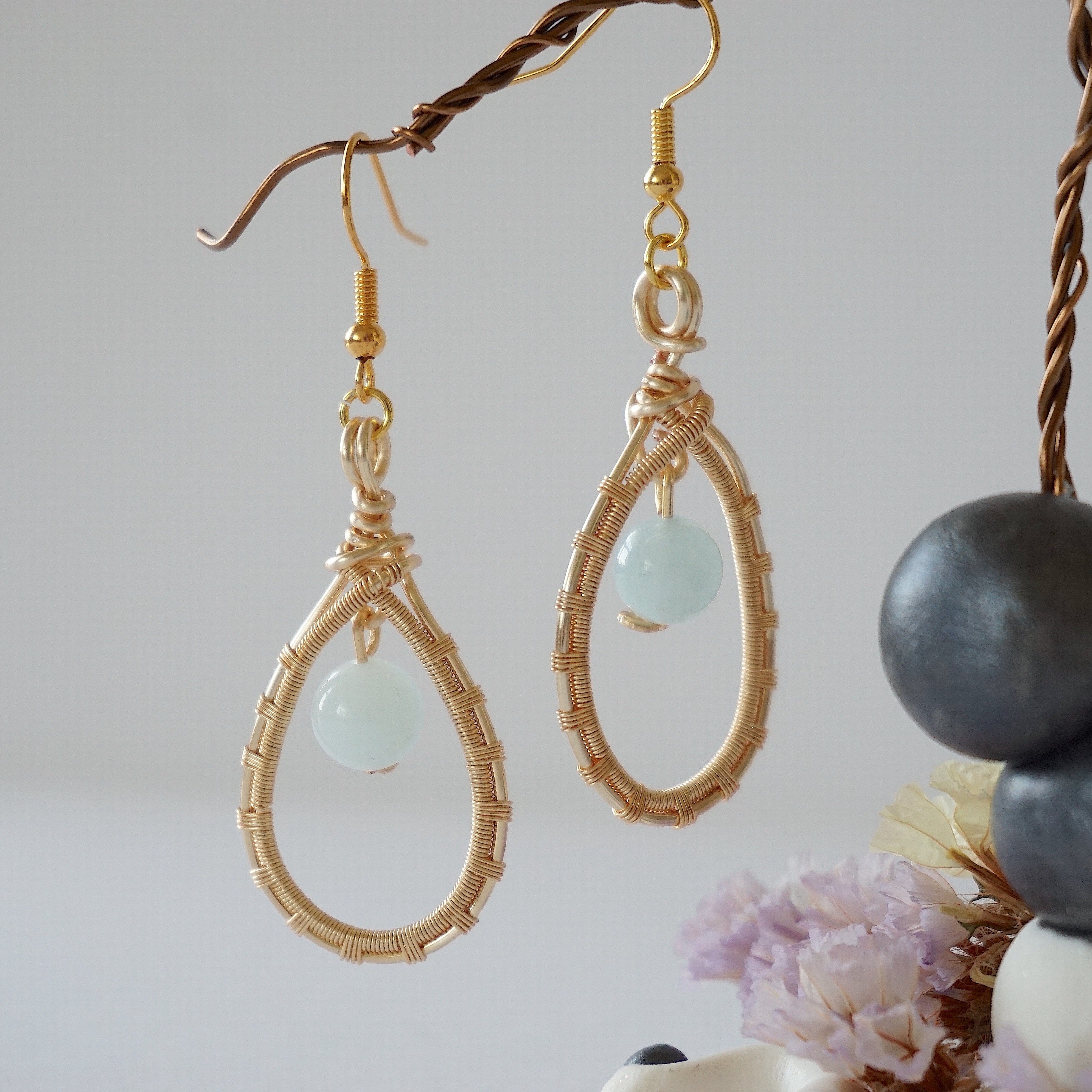 Aquamarine Round Wire Earrings - Gold Plated Sterling Silver Dangle Earrings for Women | Elegant Jewelry Gift for Birthday, Wedding & Everyday Wear