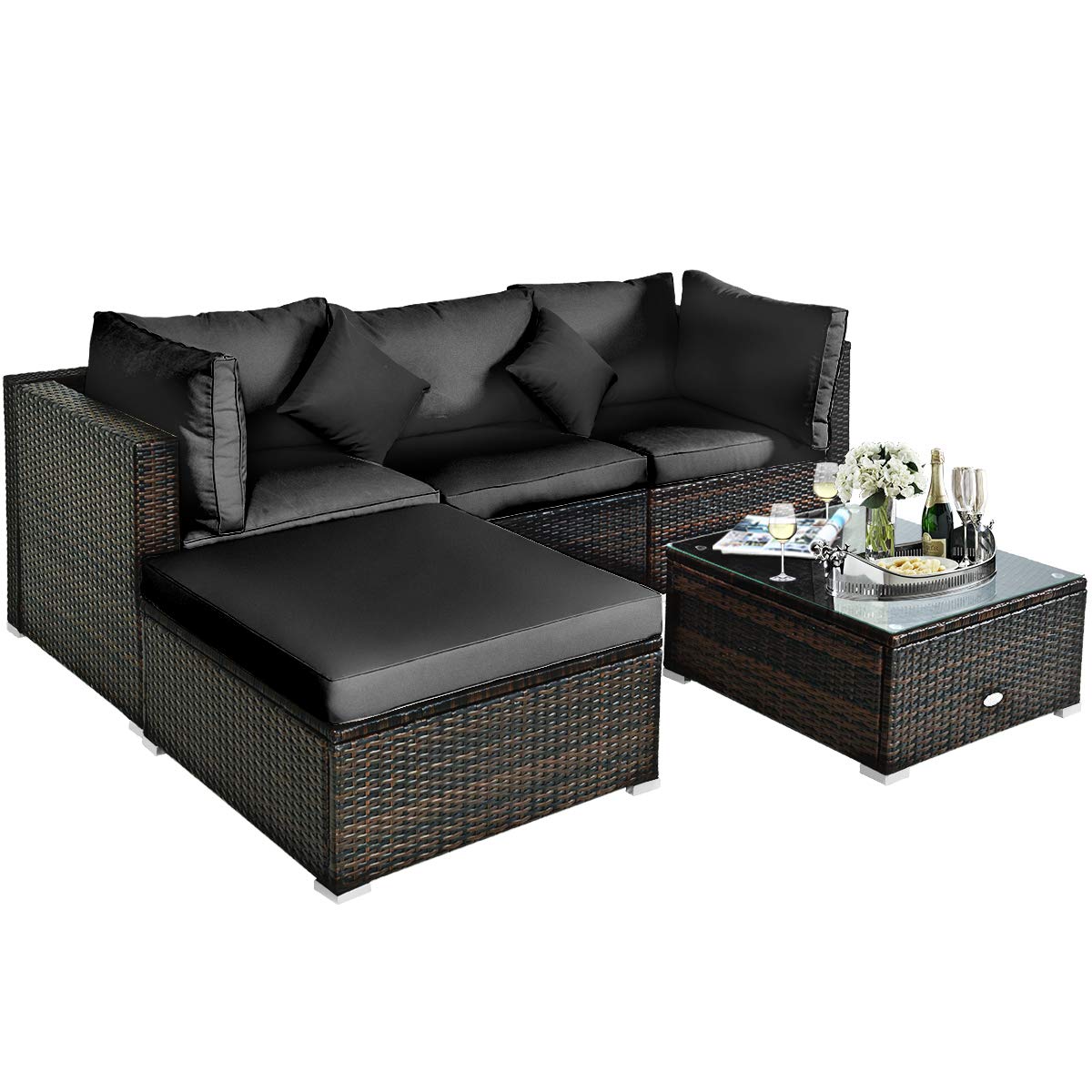 **Tangkula 5-Piece Patio Rattan Furniture Set - Outdoor Sectional Sofa with Cushions & Tempered Glass Table - Wicker Conversation Set for Backyard, Porch, Poolside (Black) - Perfect for Relaxing & Entertaining Outdoors**