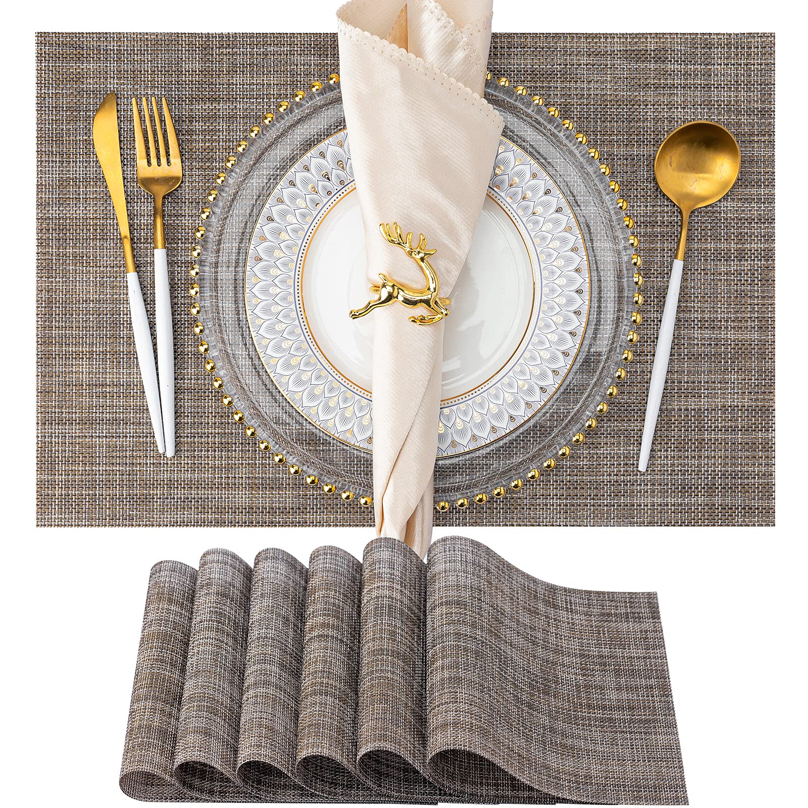 6-Pack Washable Vinyl Placemats for Dining Table - PVC Woven Non-Slip Table Mats (Cappuccino) - Indoor/Outdoor Use for Kitchen, Patio, Picnic & Restaurant