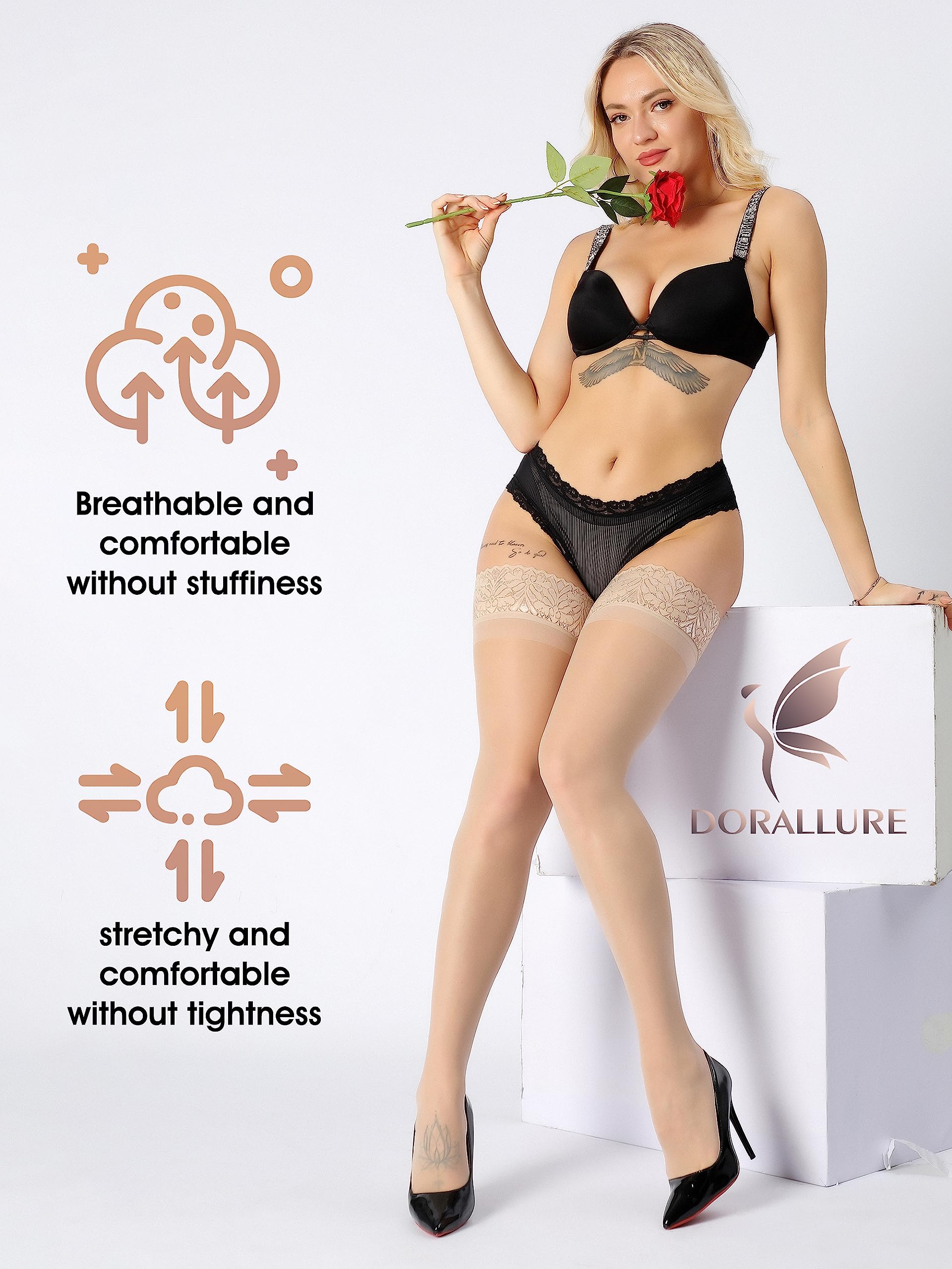 DORALLURE Thigh High Stockings for Women - Stay Up Anti-Slip Silicone Band Sheer Pantyhose with Lace Top (1-3 Pairs) - Perfect for Office, Date Night & Special Occasions