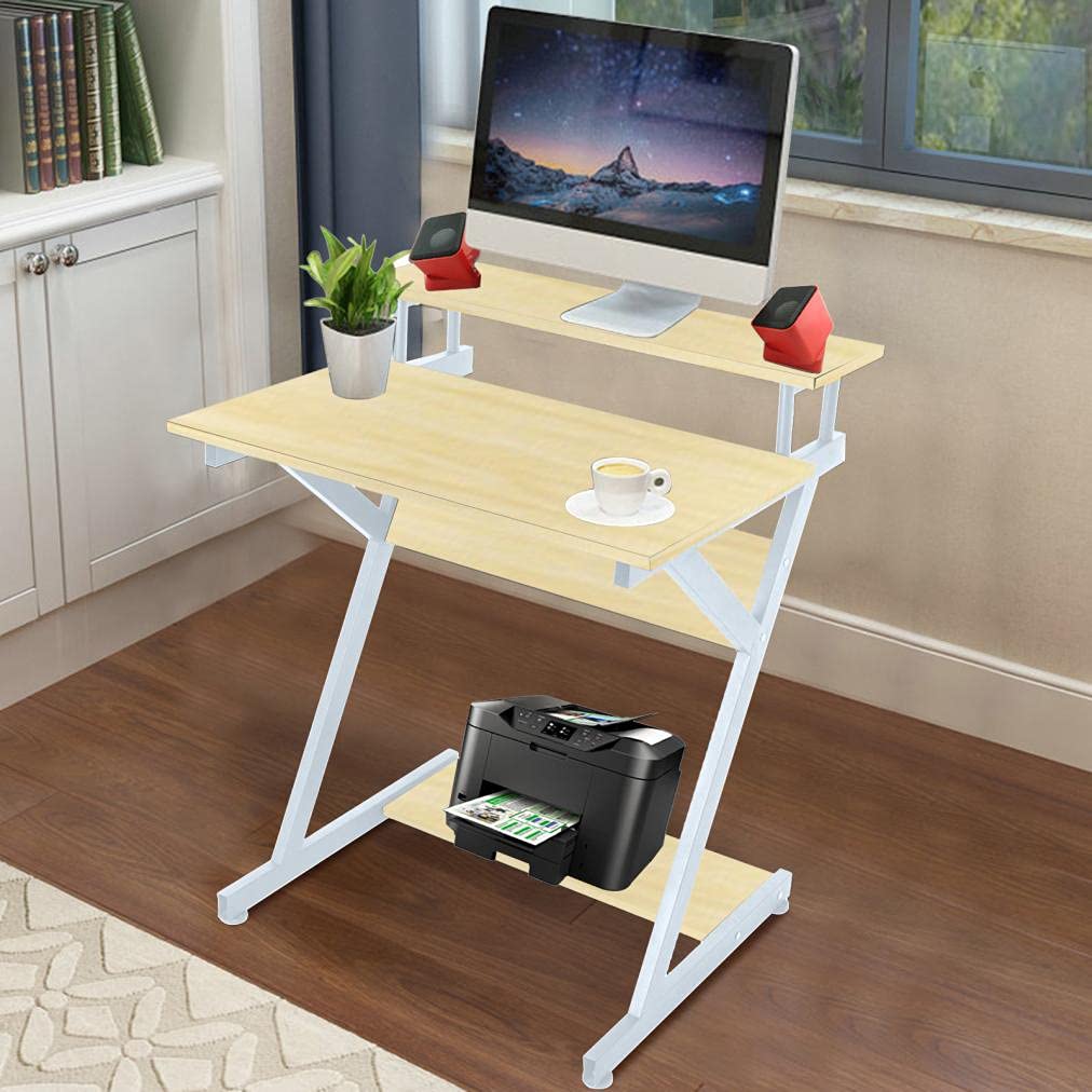 DSVF Z-Shaped Corner Computer Desk with Monitor Shelf & Storage Bookshelf - Modern Small Space Study Writing Desk for PC, Laptop & Gaming - Perfect for Bedroom, Home Office & Dorm Room (Beige)