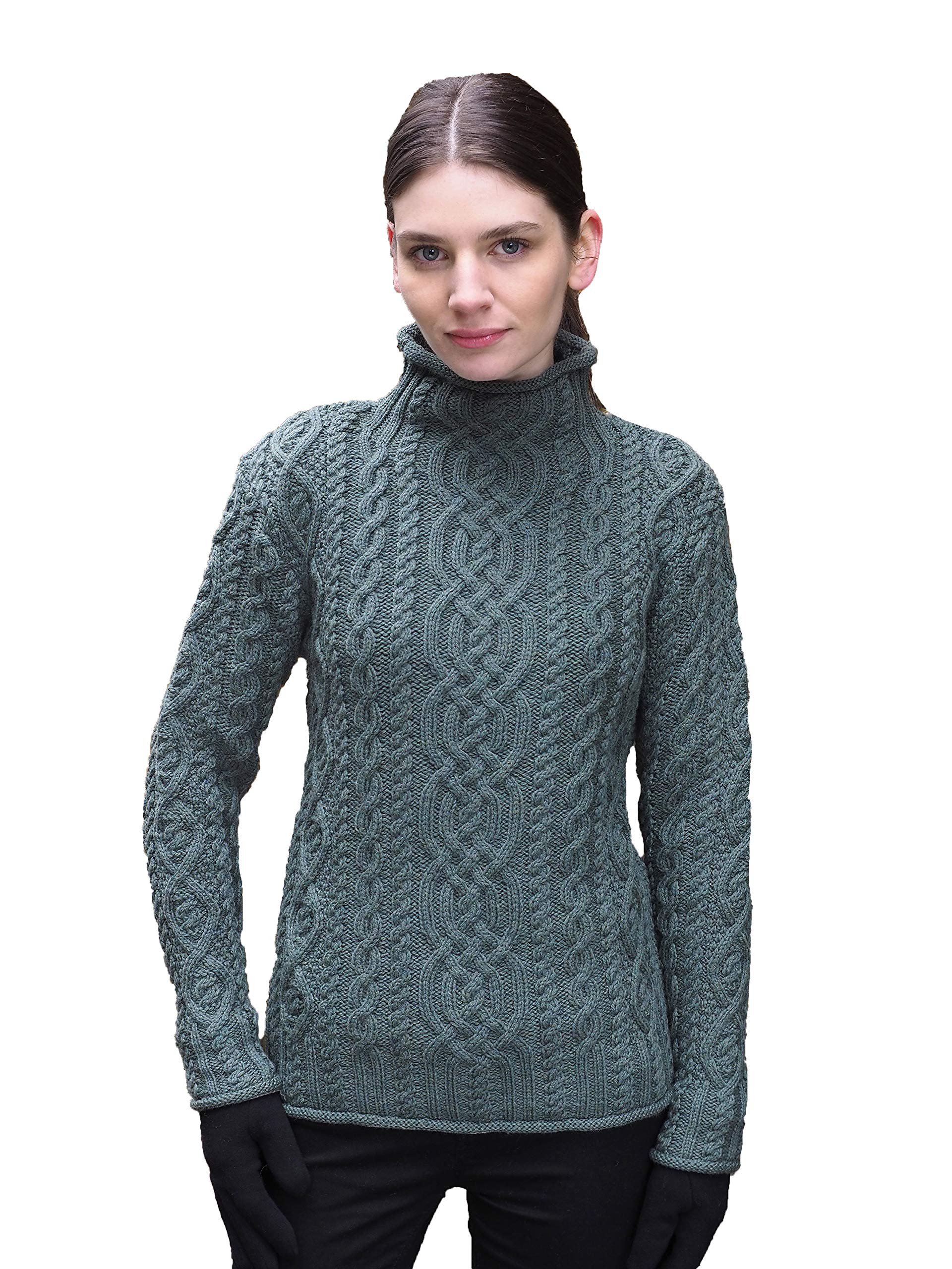 Aran Crafts Women's Cable Knit Funnel Neck Sweater - 100% Super Soft Merino Wool Winter Pullover for Cozy Comfort | Perfect for Casual Outfits, Office Wear & Holiday Gatherings
