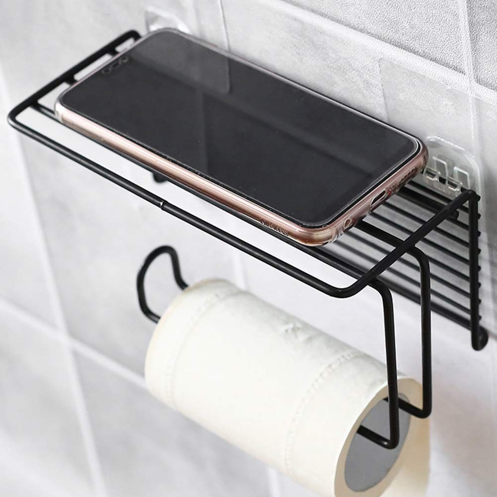 Plantex GI Steel Self-Adhesive Toilet Paper Holder - Wall Mounted Tissue Roll Dispenser with Mobile Stand, Towel Bar & Storage Rack | Durable Bathroom Organizer for Home, Office & RV (Black) - Perfect for Small Spaces & Modern Bathroom Decor