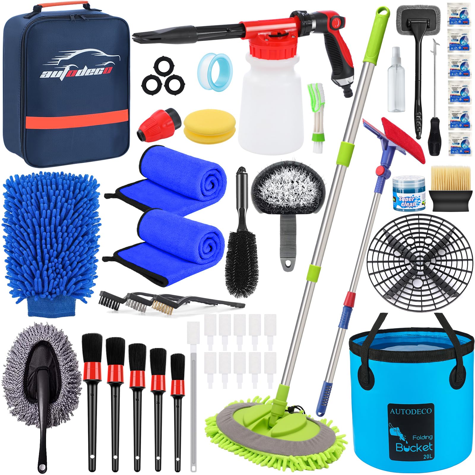 **AUTODECO 44-Piece Car Wash Detailing Kit – Foam Gun Sprayer, Long Handle Wash Mop, Collapsible Bucket, Large Wash Mitt & Towels – Complete Interior & Exterior Car Cleaning Supply Set (Blue) – Perfect for Home, Garage & Professional Auto Detailing**