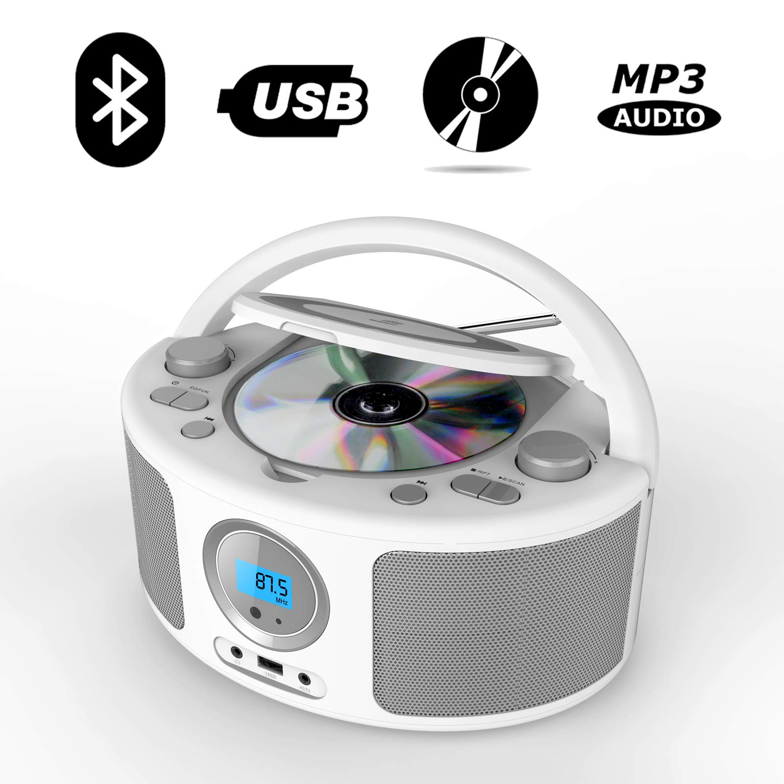 Portable CD Player Boombox with Bluetooth, FM Radio & Remote Control - USB/AUX Input, CD-R/CD-RW/MP3/WMA Playback, AC/Battery Powered (WTB-791) - Perfect for Home, Office, Travel & Outdoor Use