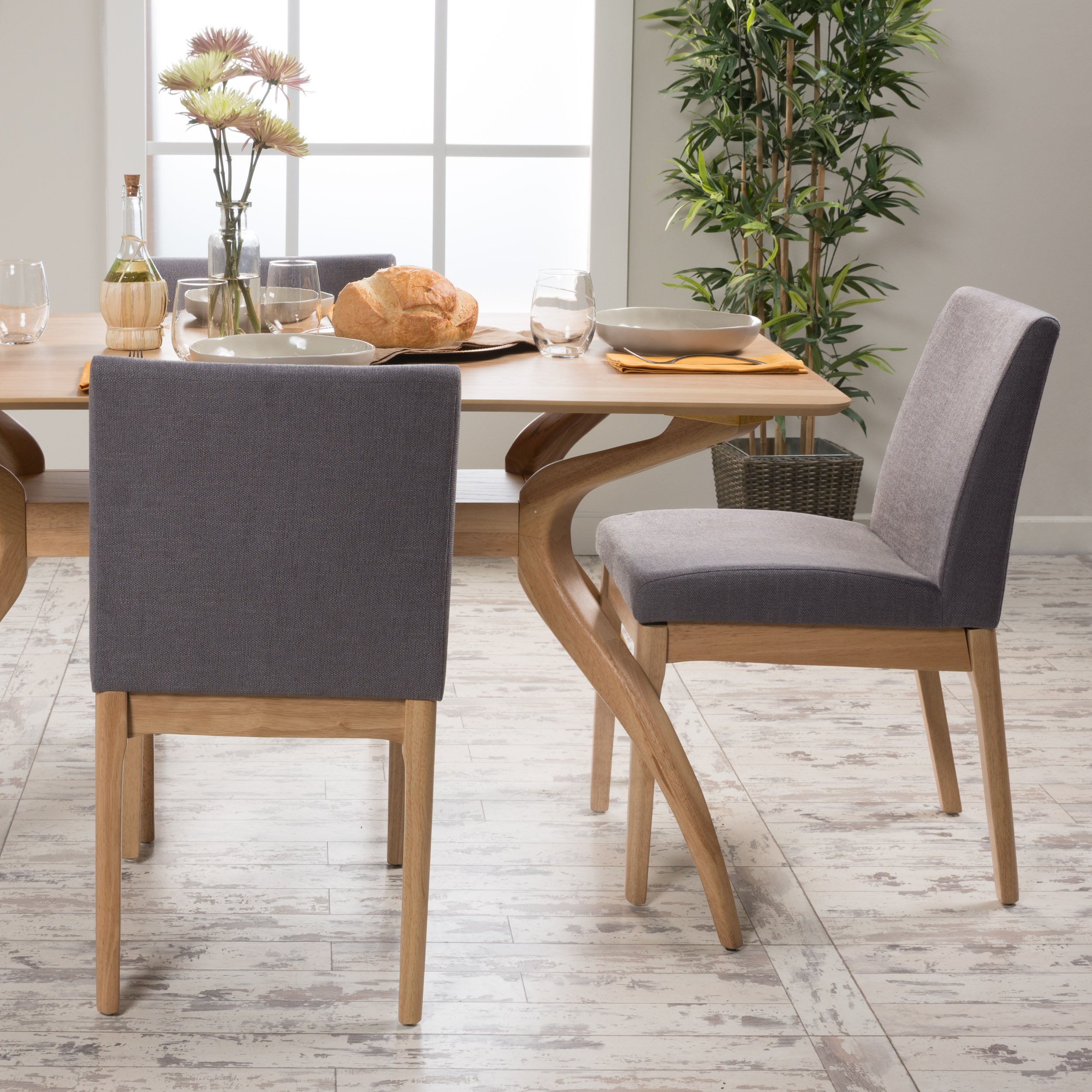 Kwame Fabric & Oak Finish Dining Chairs Set of 2, Dark Grey - Modern Kitchen & Dining Room Furniture for Home & Restaurant Use