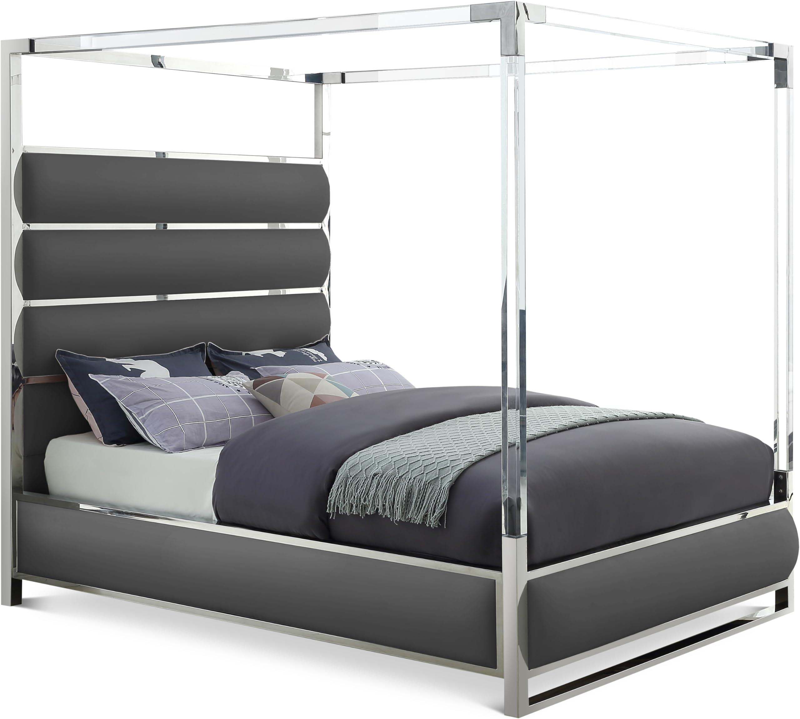 Modern Faux Leather & Chrome Canopy King Bed - Meridian Encore Collection Grey | Contemporary Acrylic Upholstered Bed Frame for Luxurious Master Bedroom Decor