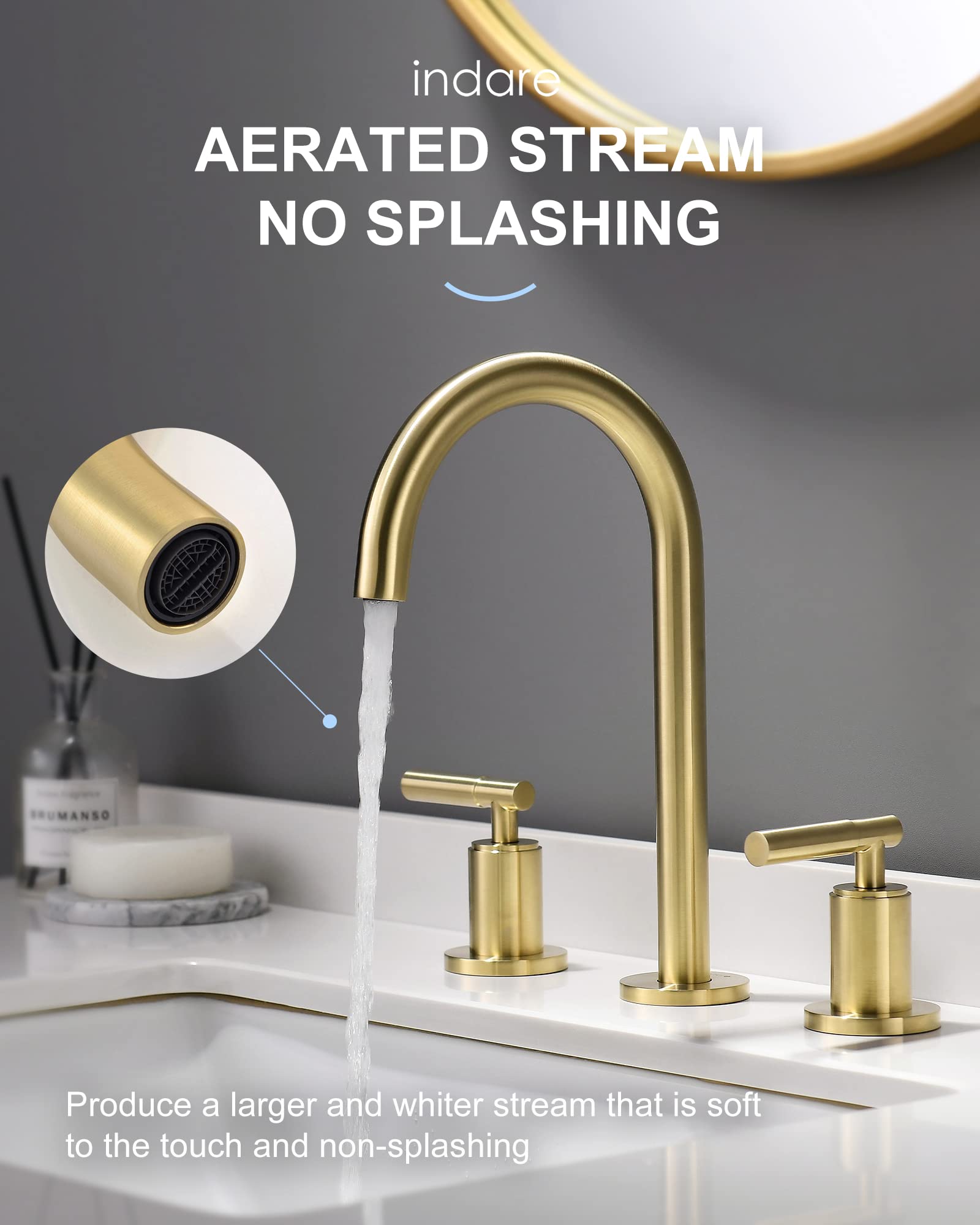 Brushed Gold Bathroom Faucet - Indare 2-Handle Widespread Sink Faucet with 360° Swivel Spout, 4-8 Inch Centerset, Brass Construction, Includes Pop-Up Drain & Water Supply Lines - Perfect for Modern Bathroom Vanities and Powder Rooms