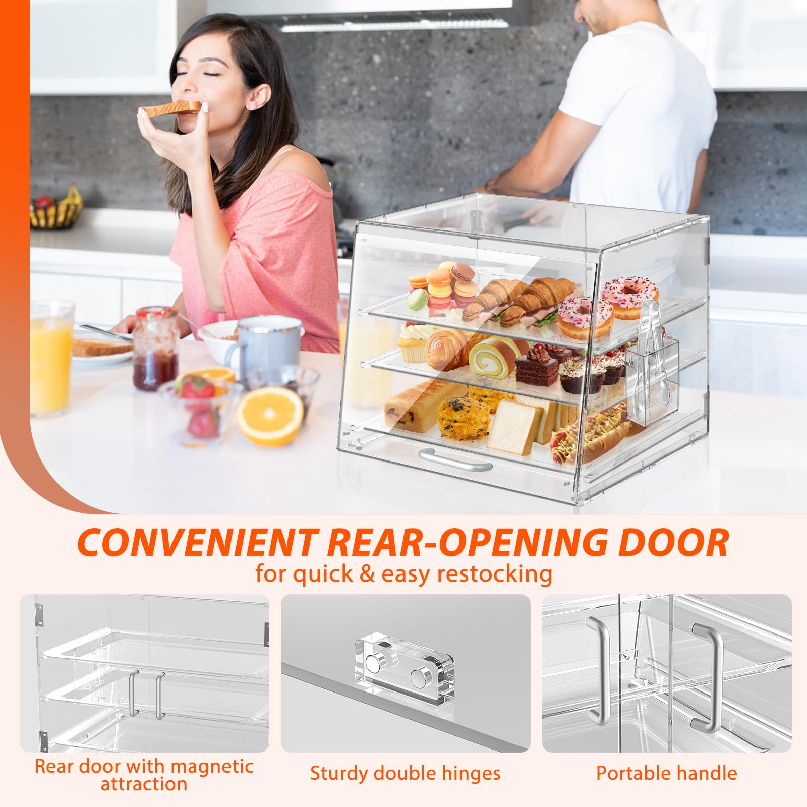 3-Tier Commercial Pastry Display Stand with Removable Bakery Case & Bread Tong - Countertop Cookie Showcase with Front/Rear Door Access - Perfect for Bakeries, Cafés & Dessert Shops