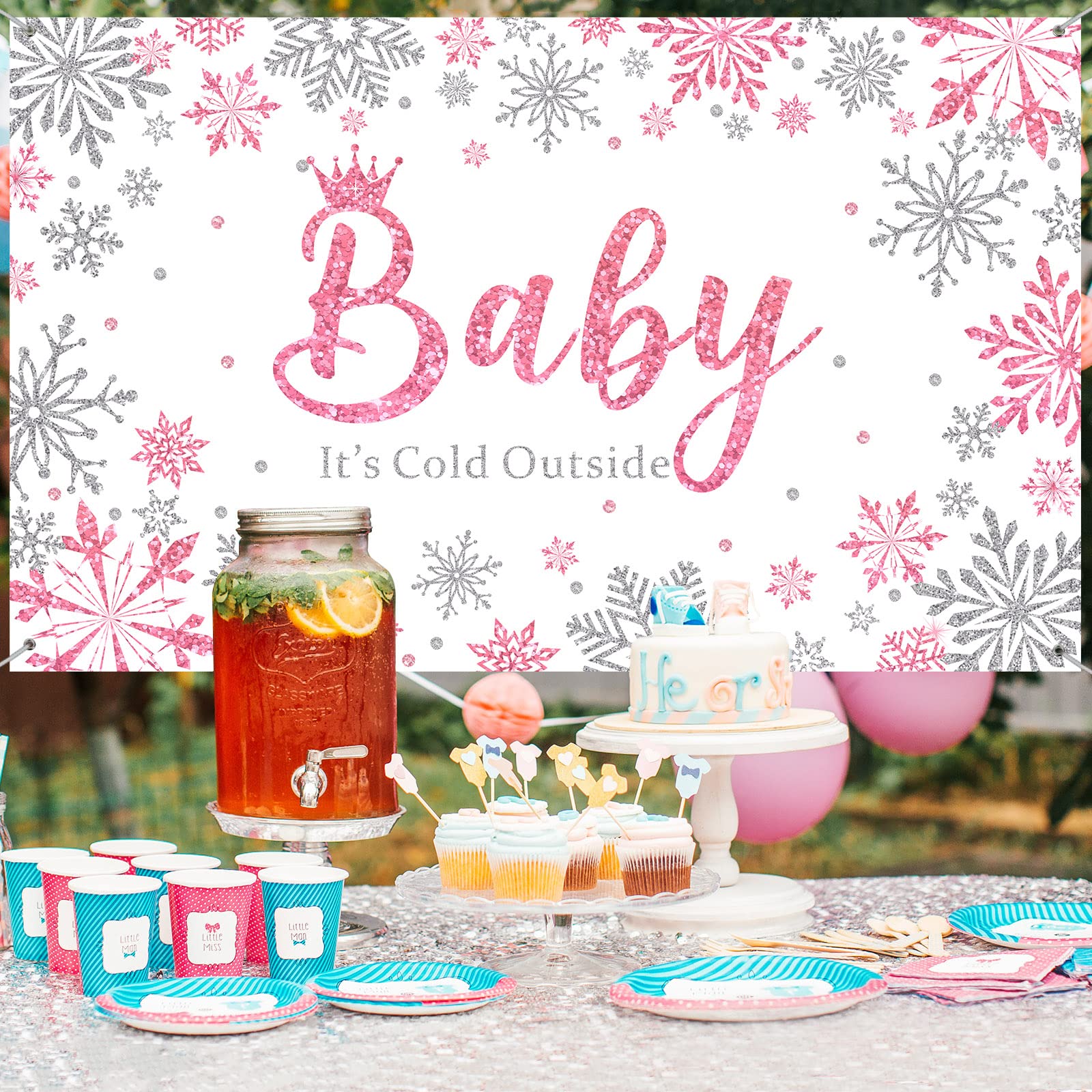 Tegeme Winter Wonderland Photography Backdrop - 5.9x3.6ft Pink Snowflakes Baby Shower Decor for Girls Birthday Party, Baby It's Cold Outside Theme - Perfect for Winter Baby Showers, Newborn Photos & Holiday Celebrations
