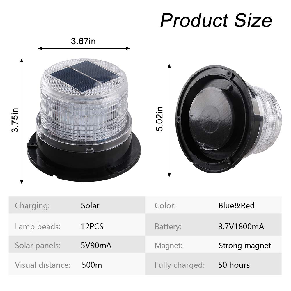 Sidaqi 12V Solar-Powered LED Beacon Strobe Light with Magnetic Base - Red & Blue Emergency Warning Flashing Lights for Forklifts, Construction Vehicles, Trucks - Ideal for Roadside Safety, Work Zones & Hazardous Areas