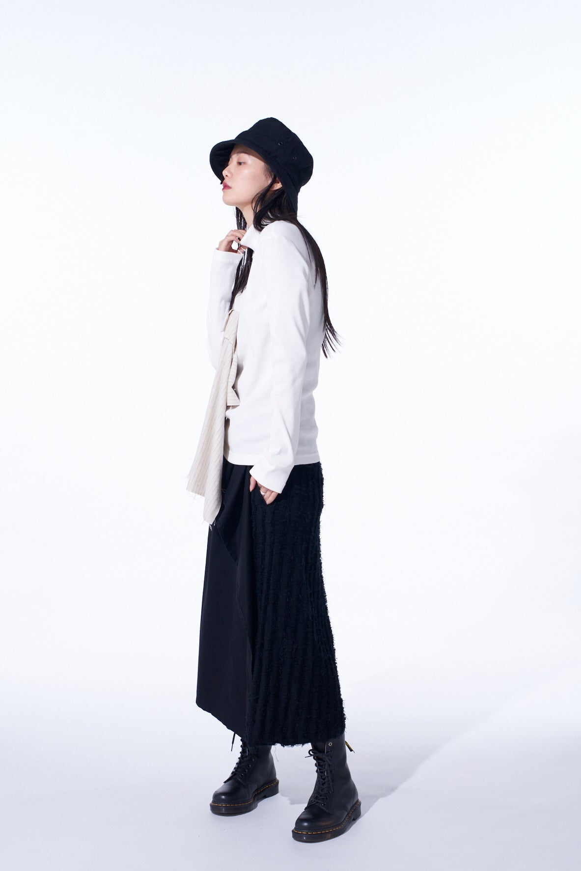 Premium Cotton Rib Jersey Long Sleeve High Neck T-Shirt with Pleated Stripes - Women's Fashion Basic Top for Casual Wear & Layering