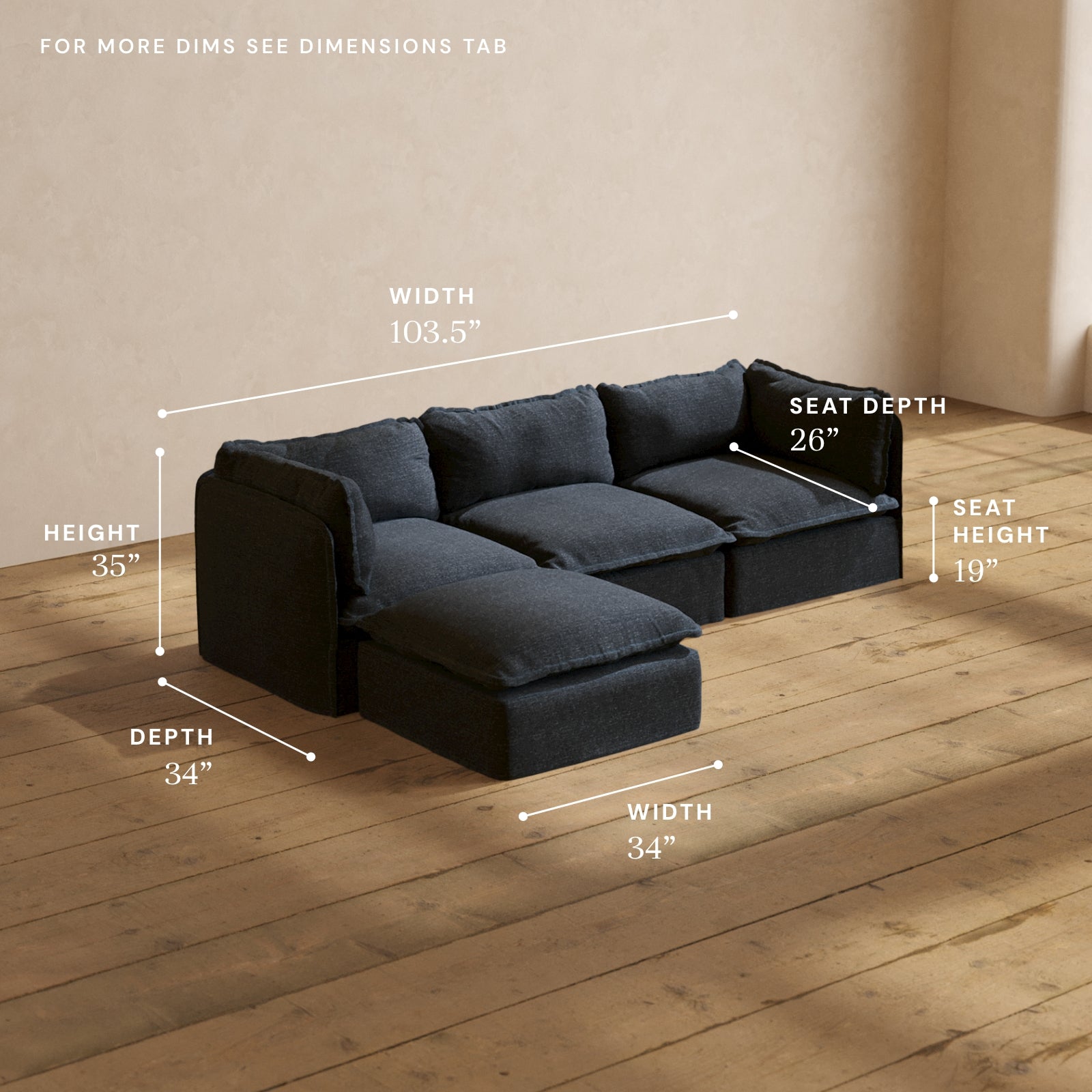 Modular Performance 3-Seater Sectional Sofa in Indigo Blue | Relaxed Blend Fabric | Perfect for Living Rooms, Family Rooms & Small Spaces