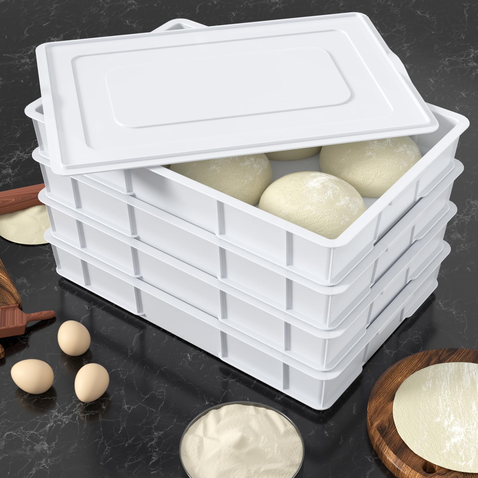 Stackable Pizza Dough Proofing Box with Lid - 4 Pack Plastic Dough Proofing Trays for Home Baking, Restaurant & Commercial Use - Perfect for Bread, Pastry & Pizza Dough Rising